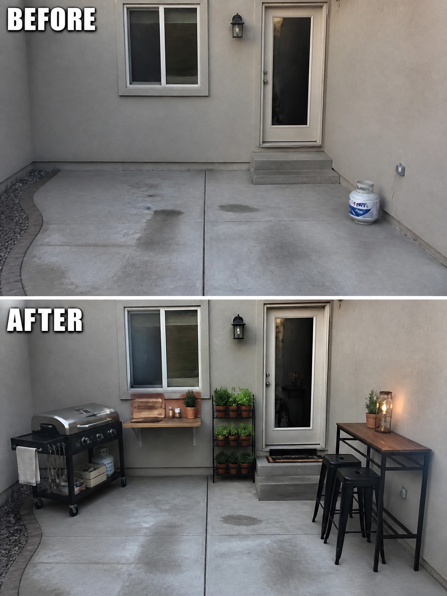 Before and after of empty concrete patio transformed with grill, plants, and furniture.