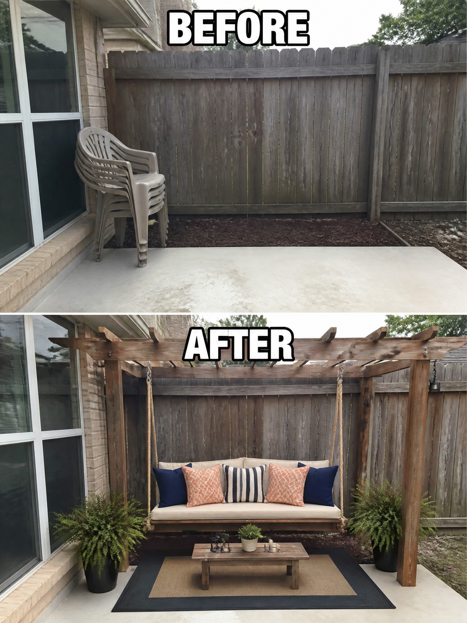Before-and-after image of a plain concrete patio changed into a shaded seating area with a wooden pergola, hanging bench, rug, coffee table, and potted plants.