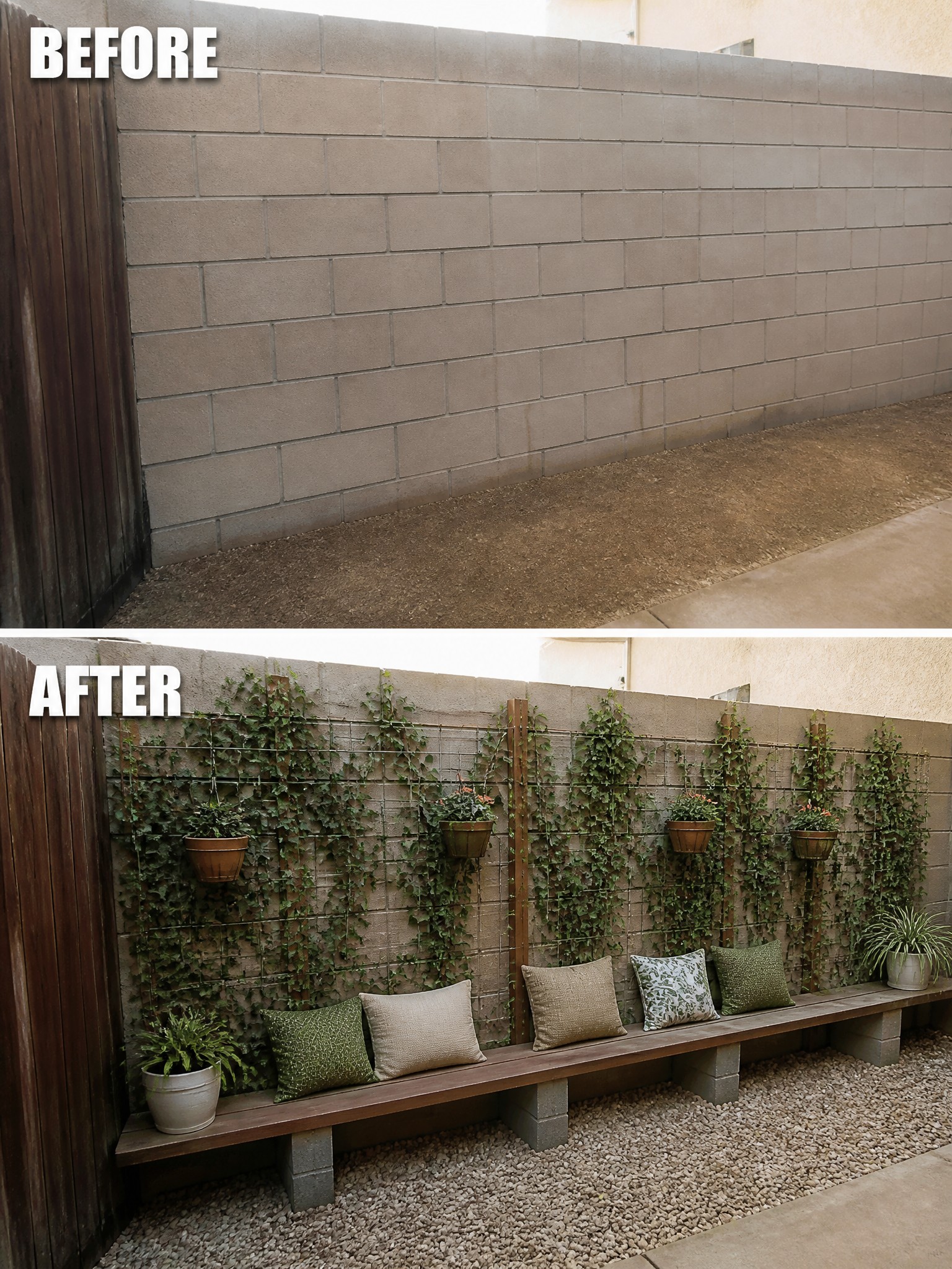 Before-and-after image of a plain cinder block wall and dirt ground changed into an outdoor seating area with a wooden bench, cushions, and a vine-covered trellis.