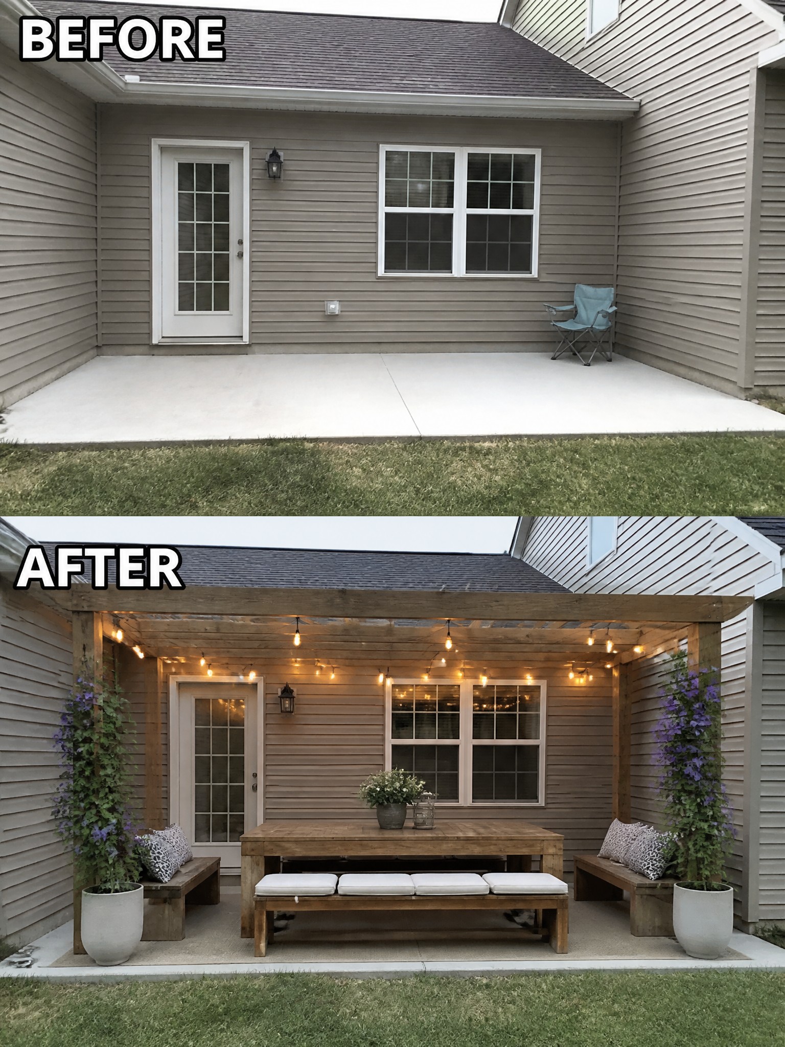 Before-and-after image of a plain concrete patio transformed into a covered outdoor seating area with a wooden pergola, string lights, and a dining table with benches.