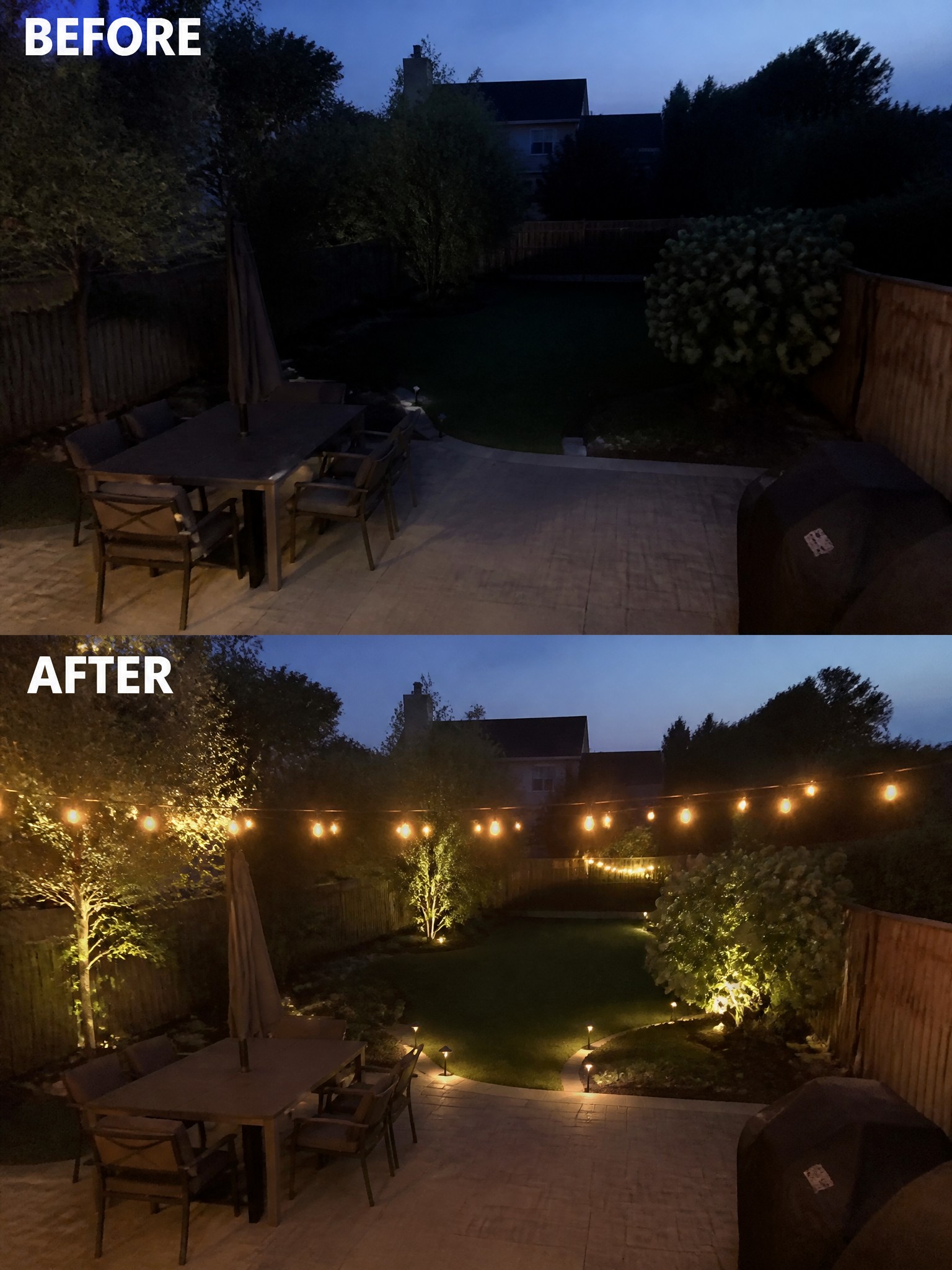Before and after backyard patio with string lights and landscape uplighting at dusk.