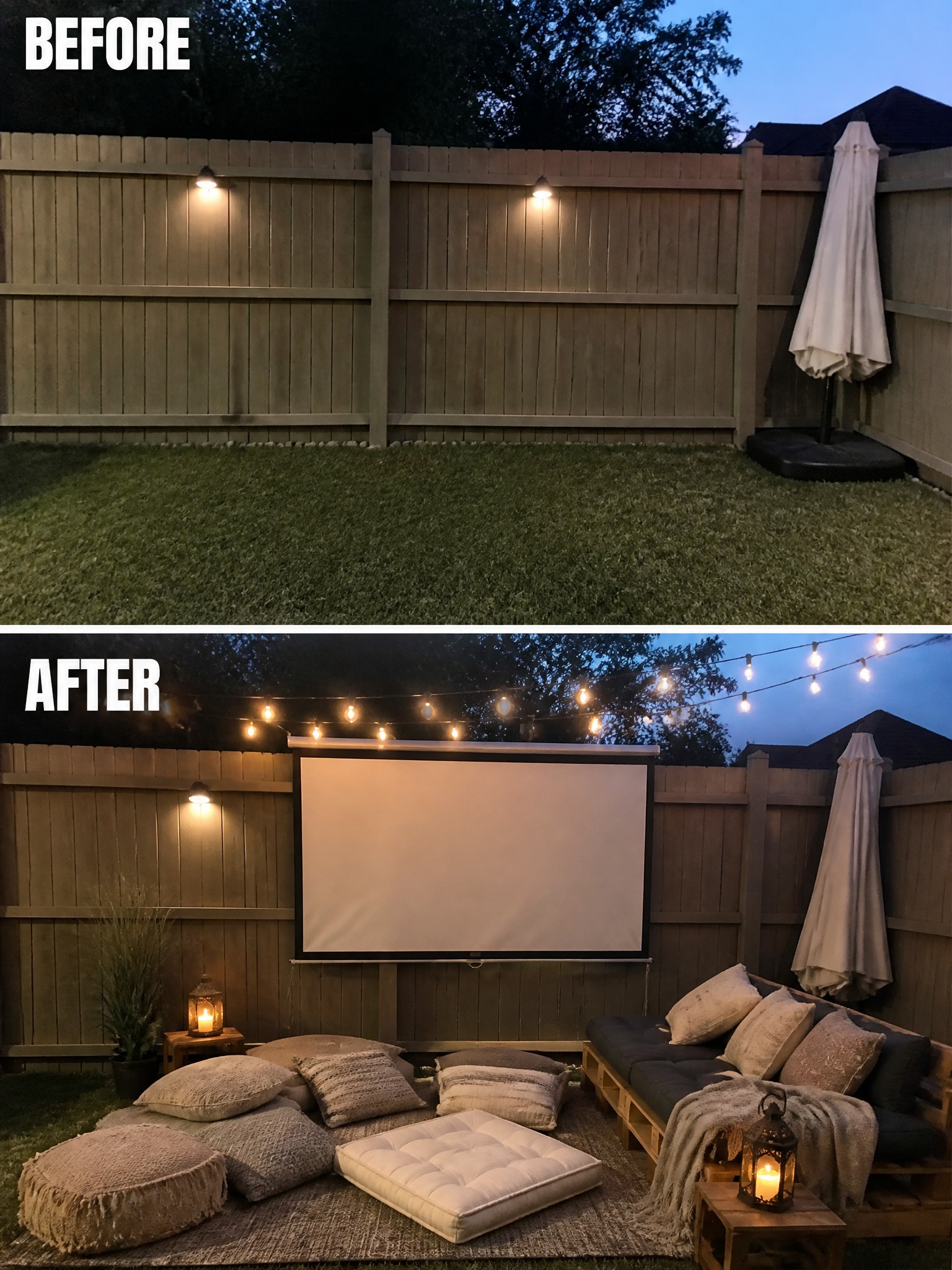 Before and after backyard with movie screen, string lights, and pallet seating area.
