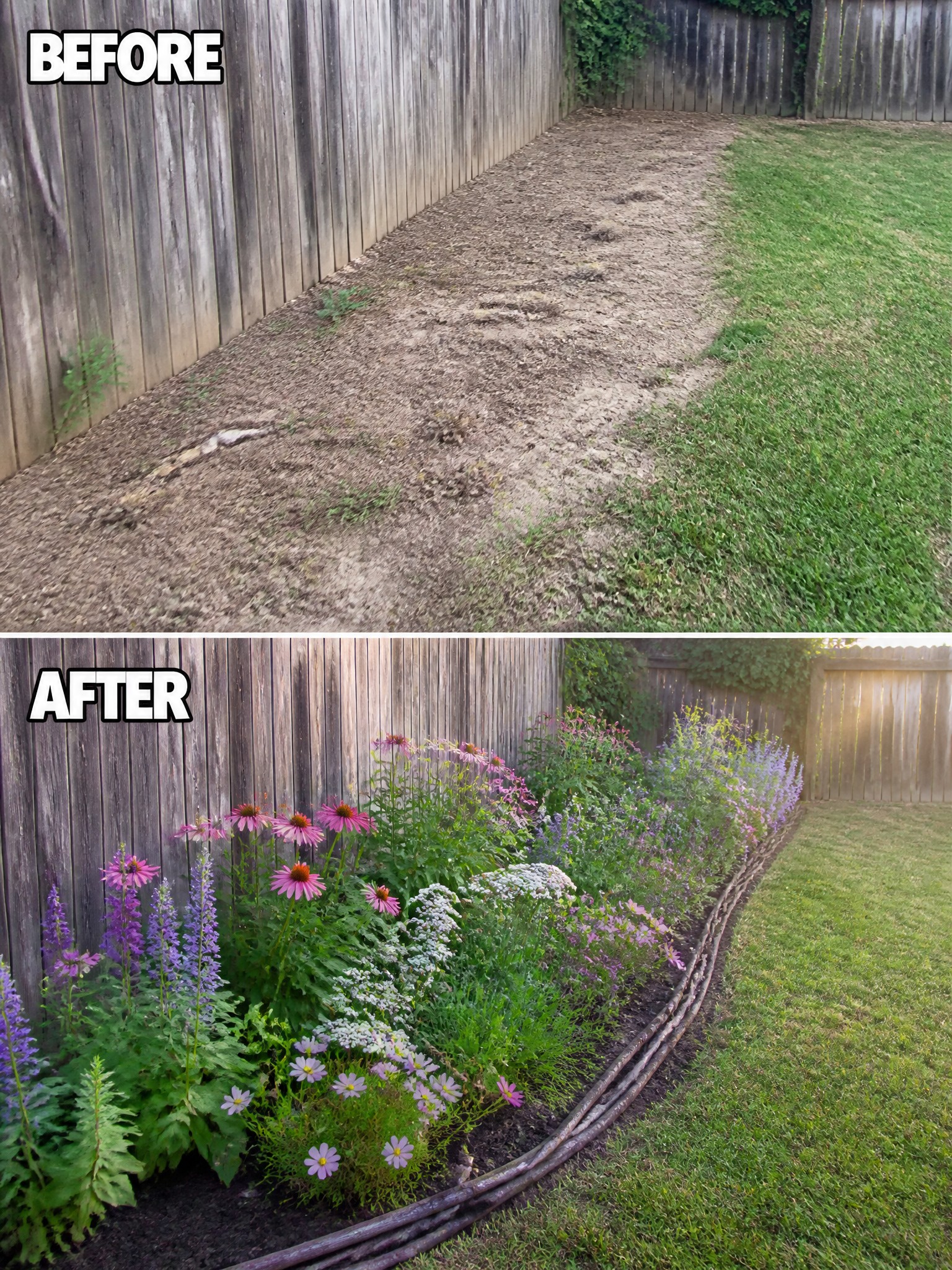 Before-and-after garden transformation from bare dirt to colorful flowerbed by wooden fence.
