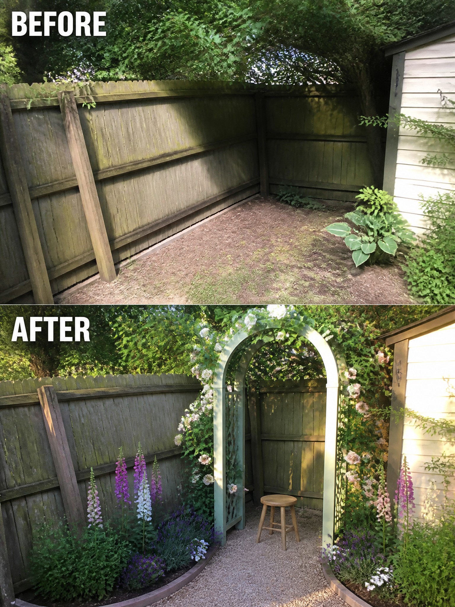 Before and after of bare yard transformed into colorful garden with floral archway