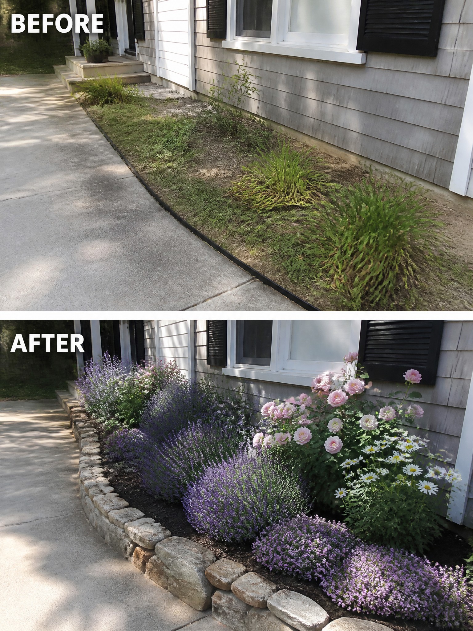 Before and after of weedy garden bed transformed into colorful flower garden with stone border