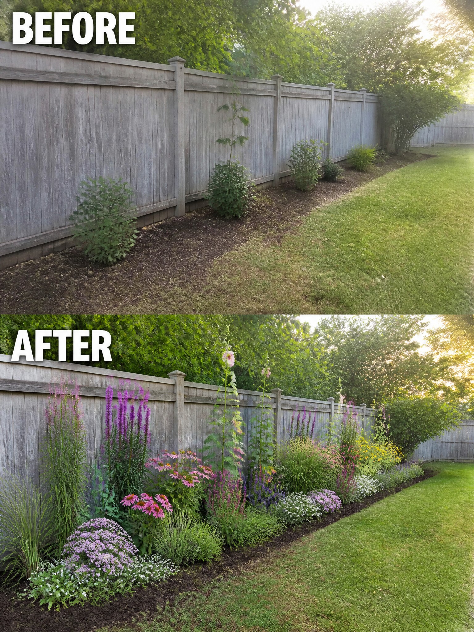 Before-and-after garden transformation with colorful flowers along wooden fence.