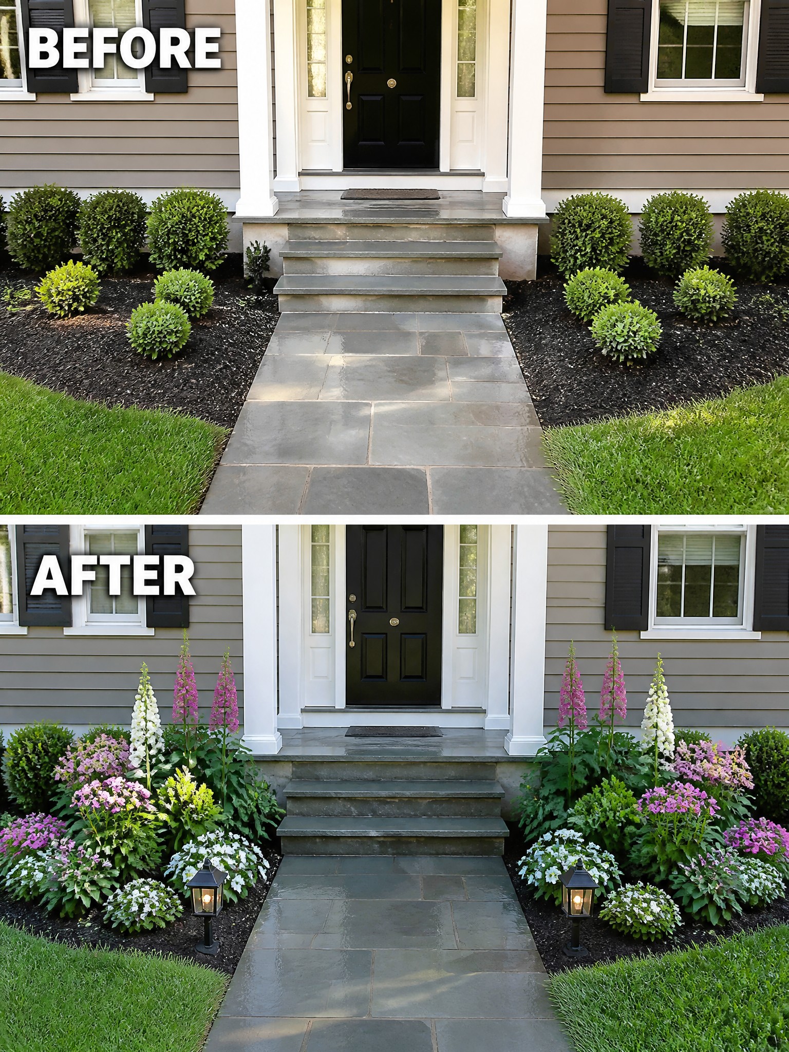 Before and after view of house entrance with colorful flower garden makeover