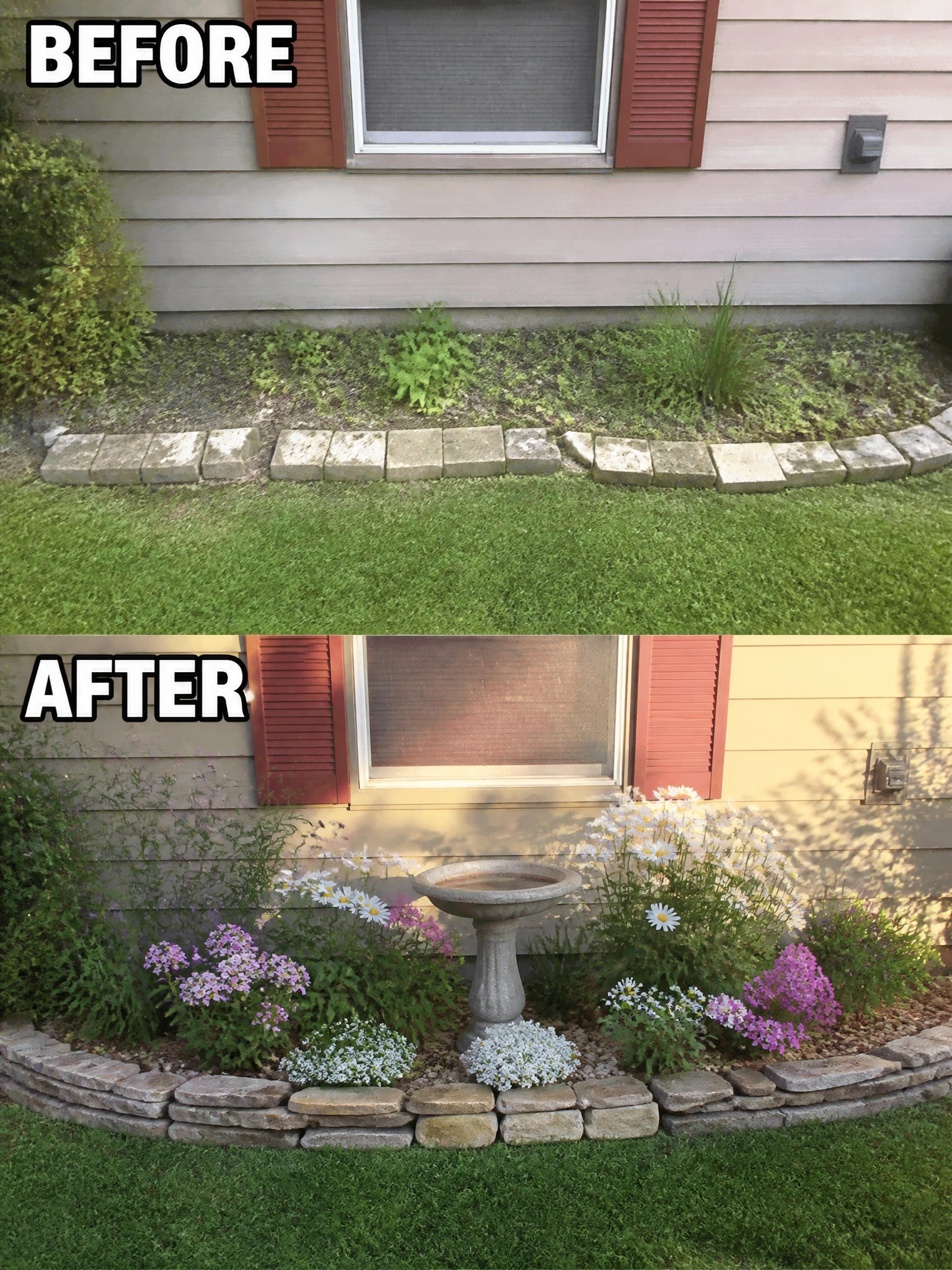 Before and after garden makeover with flowers, plants, and stone birdbath.
