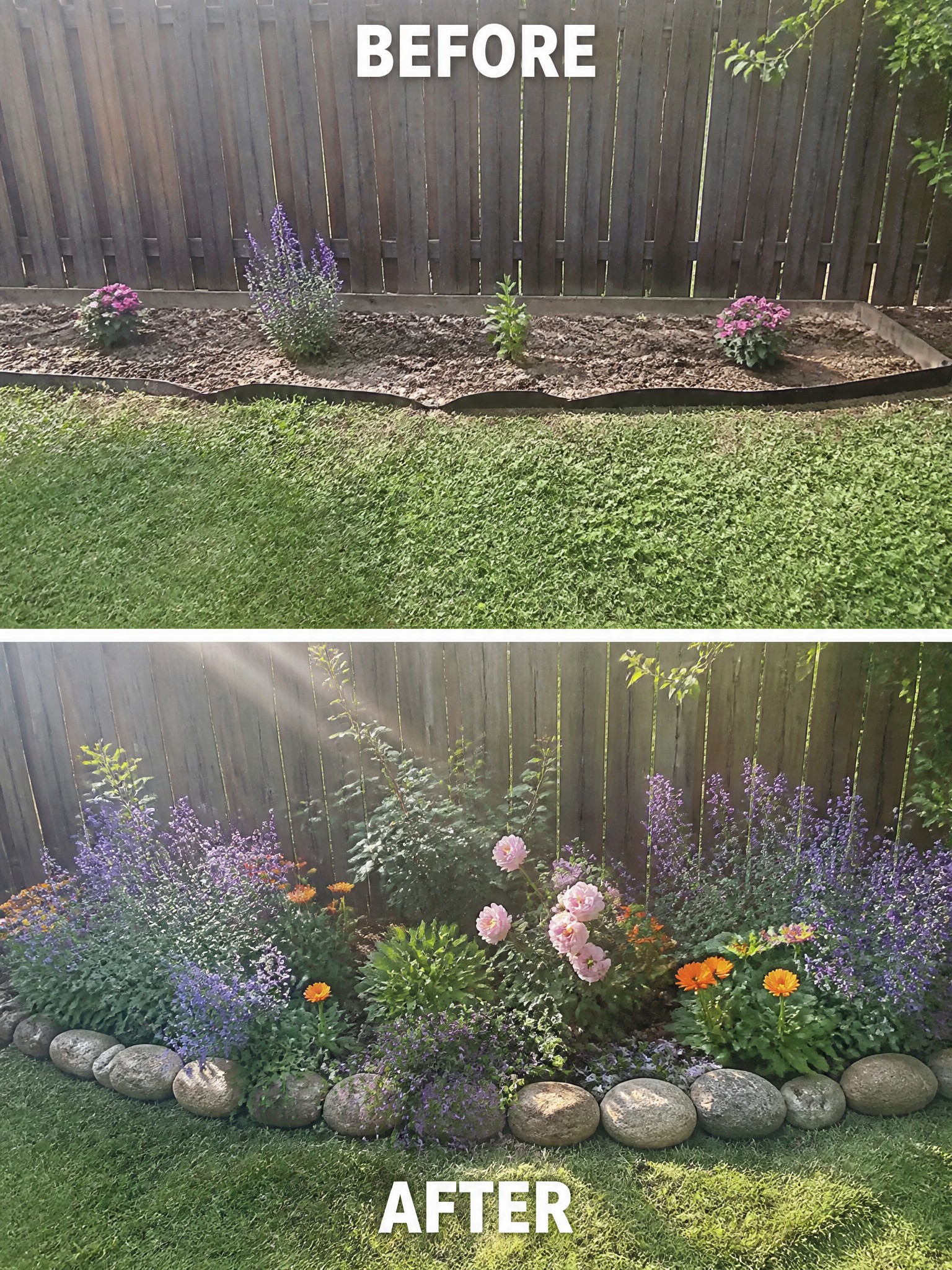 Before and after of sparse garden bed transformed into colorful flower border with rocks.
