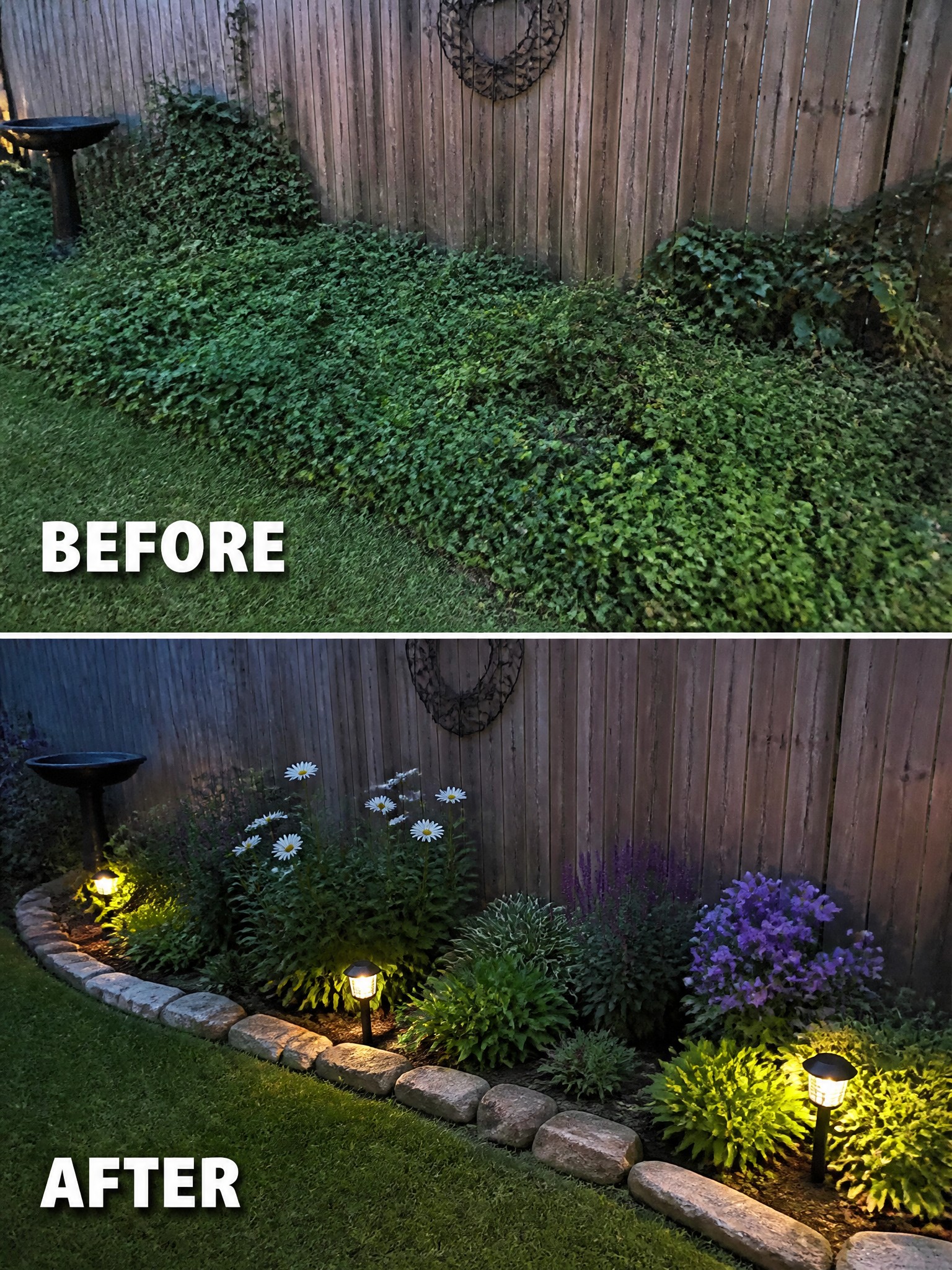 Before-and-after image of an overgrown ivy border along a fence changed into a defined flower bed with stone edging, mixed plants, and solar lights.