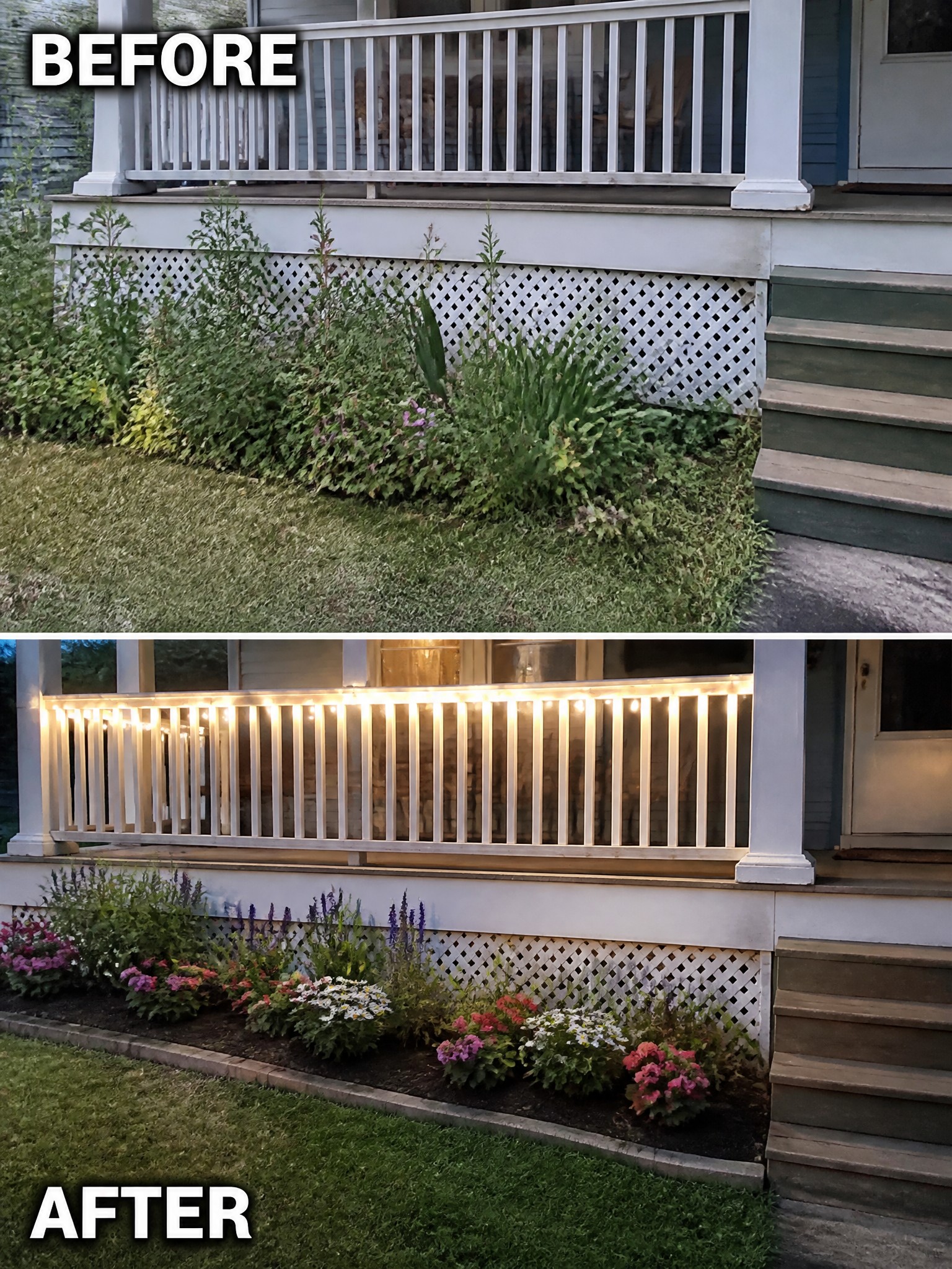 Before and after porch with overgrown garden replaced by flowers and string lights.