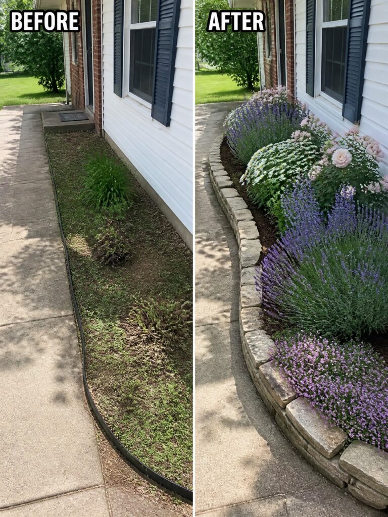 Before and after of weedy garden bed transformed into colorful flower garden with stone border