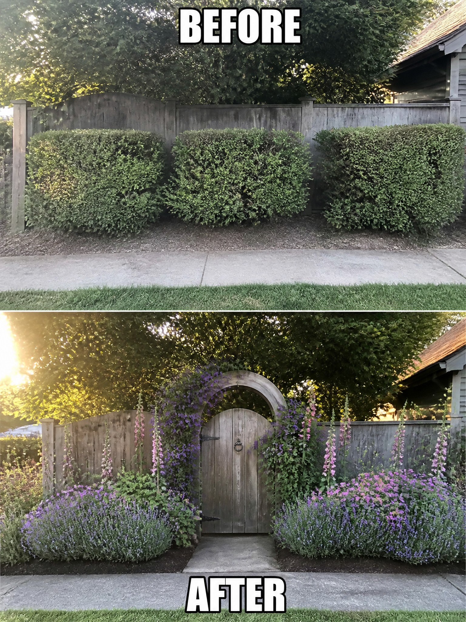 Before and after garden fence with green hedges replaced by arched gate and purple flowers