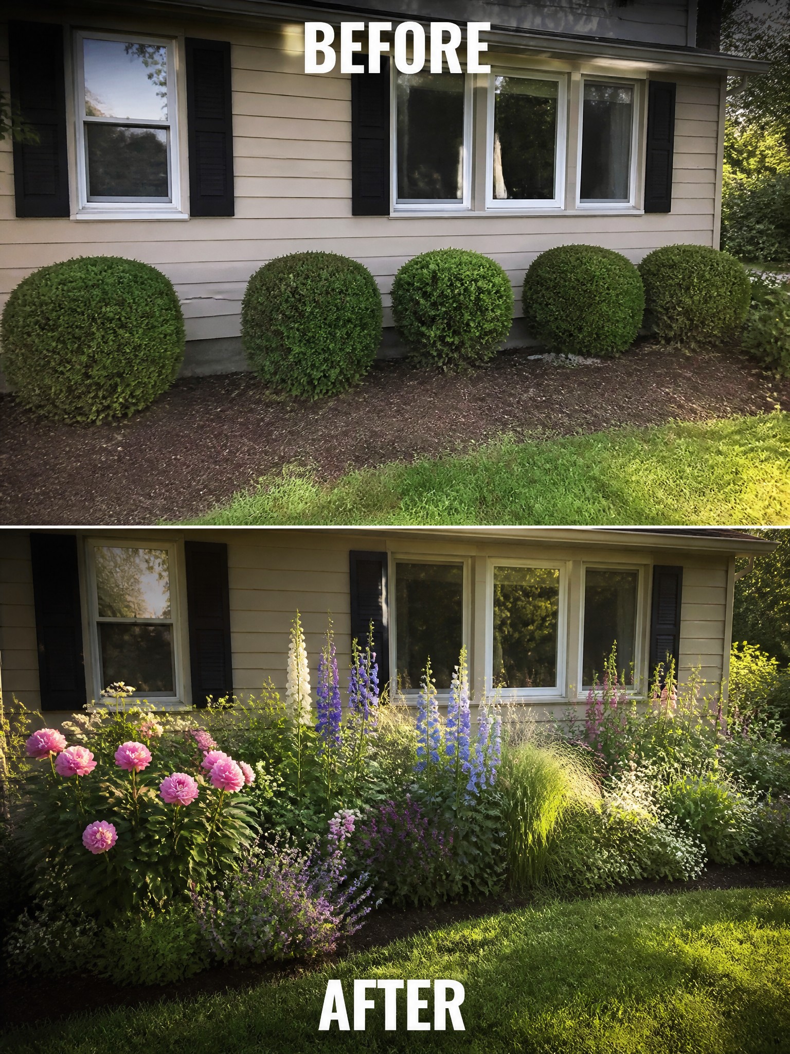 Before and after house garden with shrubs replaced by pink purple flowers