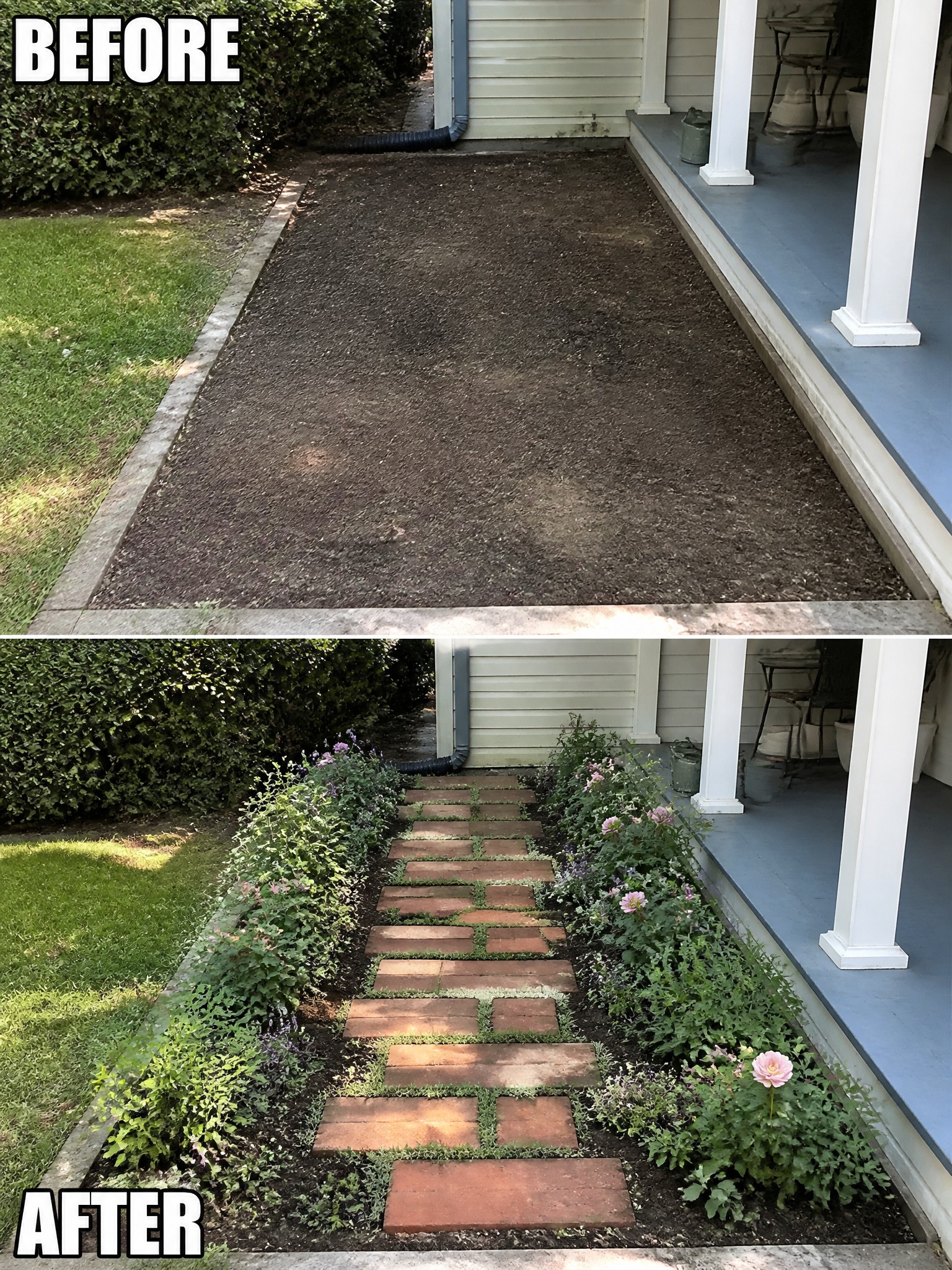 Before mulched yard and after brick path lined with colorful flower beds by porch.