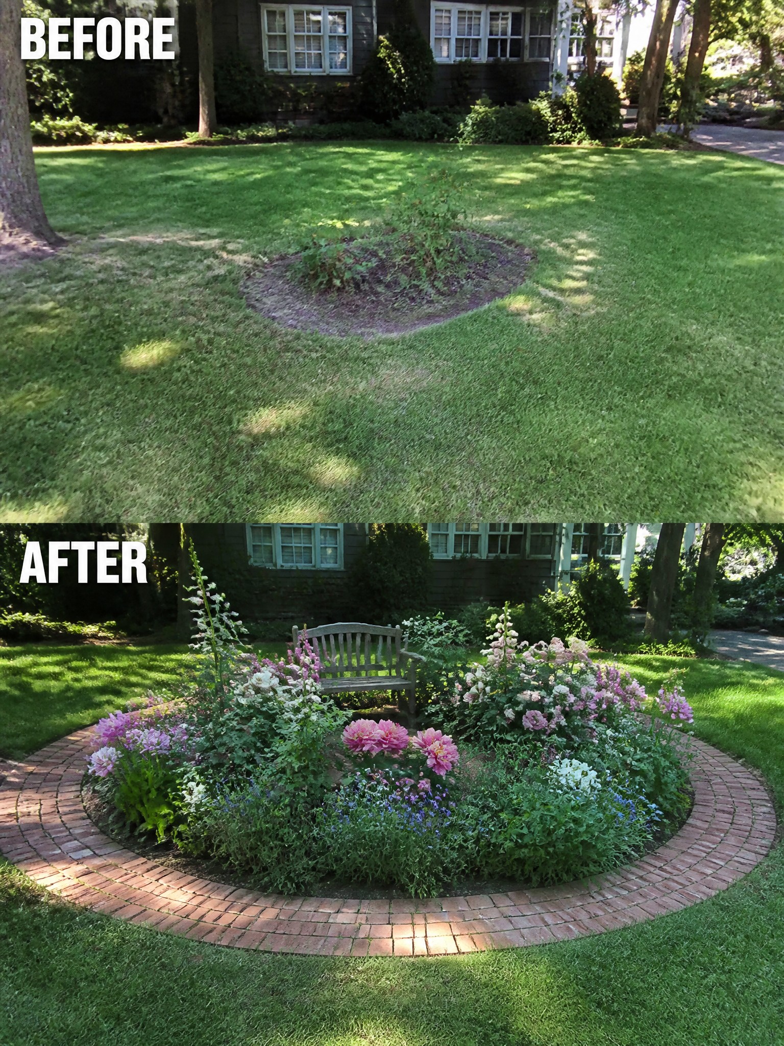 Before weedy lawn circle and after brick flower bed with bench and blooms.