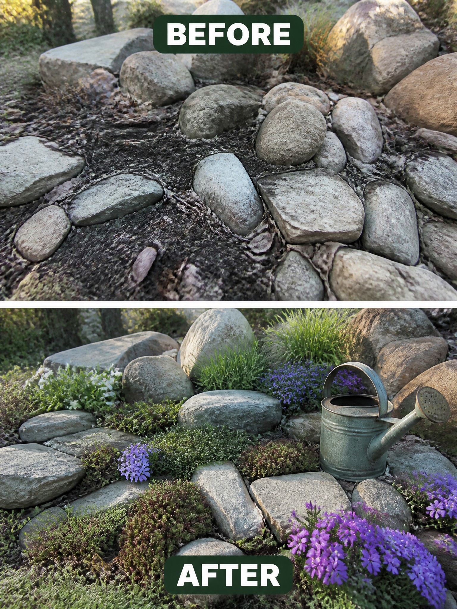 Before-and-after view of rocky garden with added purple flowers, greenery and watering can.