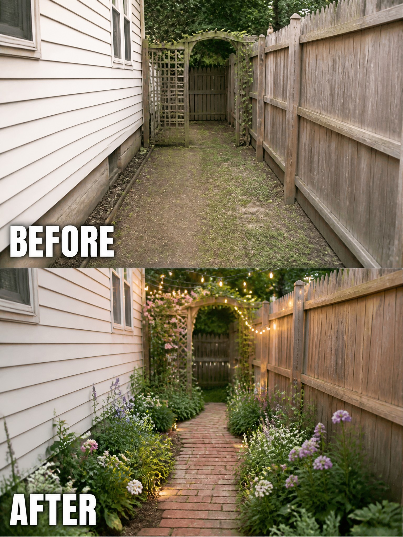 Before and after of backyard path transformed into flower-lined brick walkway with string lights.