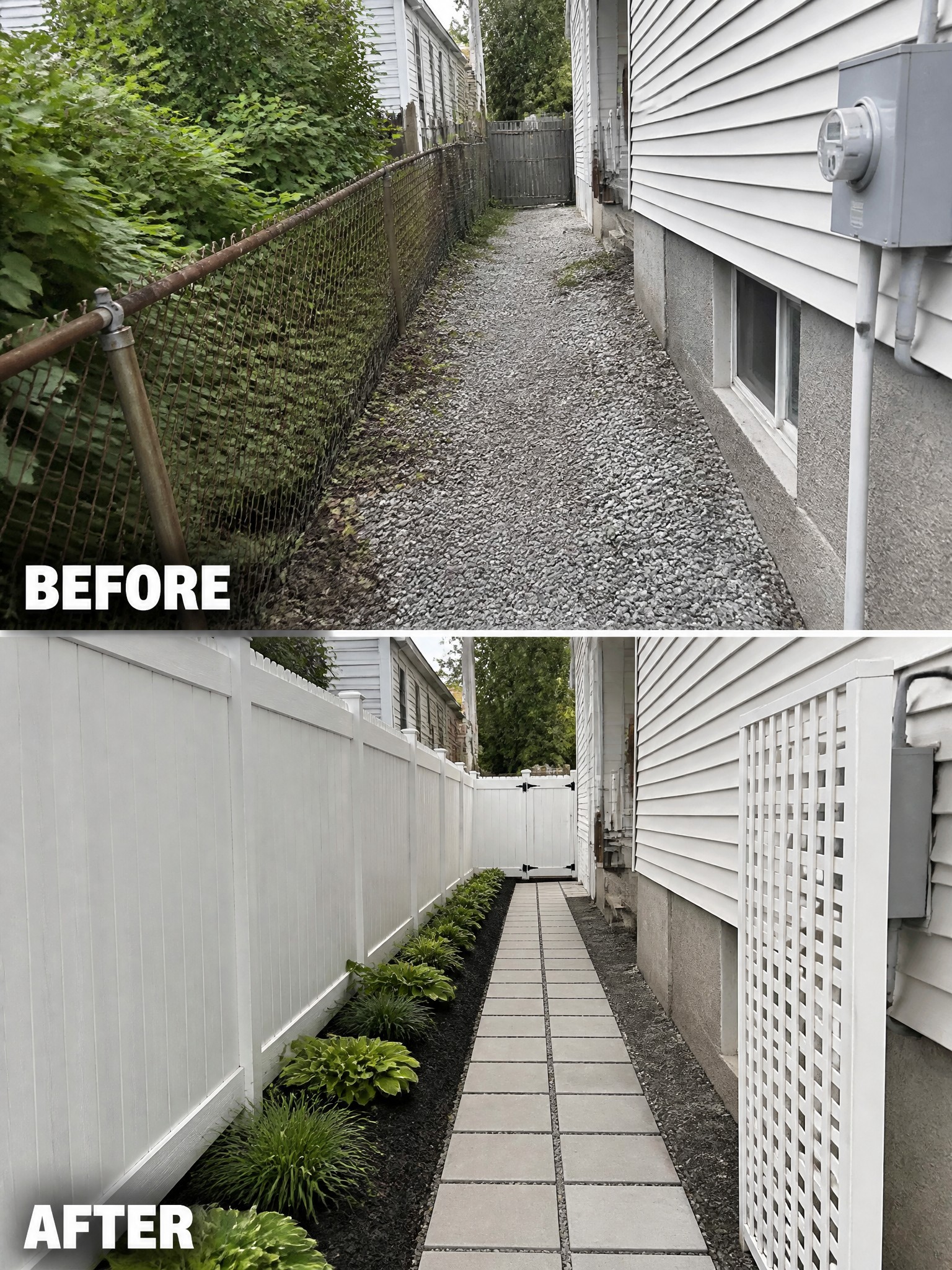 Before-and-after image of an overgrown gravel side yard path with chain-link fencing changed into a clean paved walkway lined with white fencing and planted garden beds.
