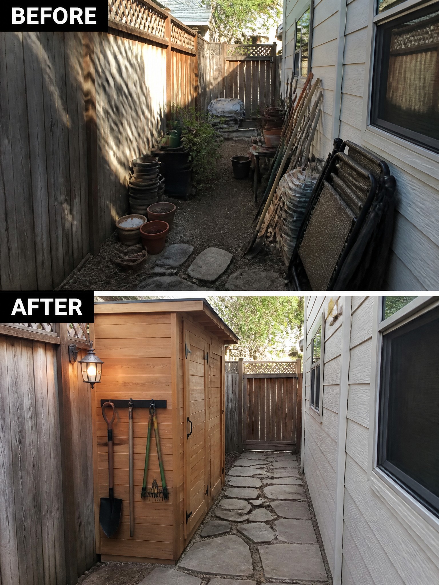 Before and after of cluttered side yard cleared with new wooden shed and stone path