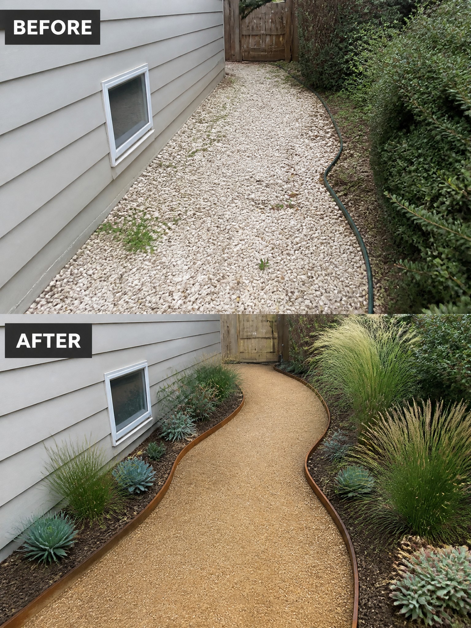 Before-and-after image of a gravel side yard path updated with metal edging and planted beds along the house.