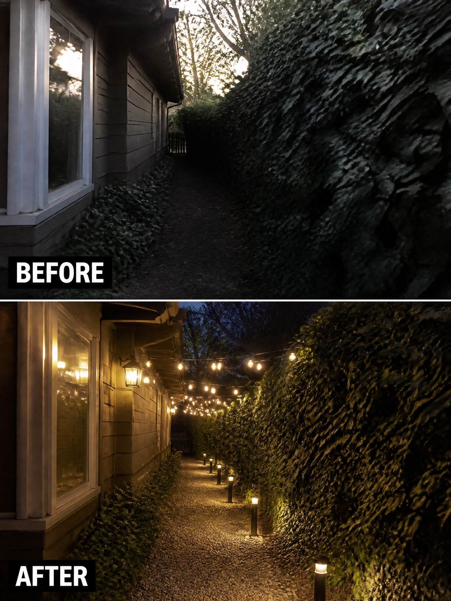 Before-and-after image of a dark side yard path transformed with overhead string lights and low pathway lighting.