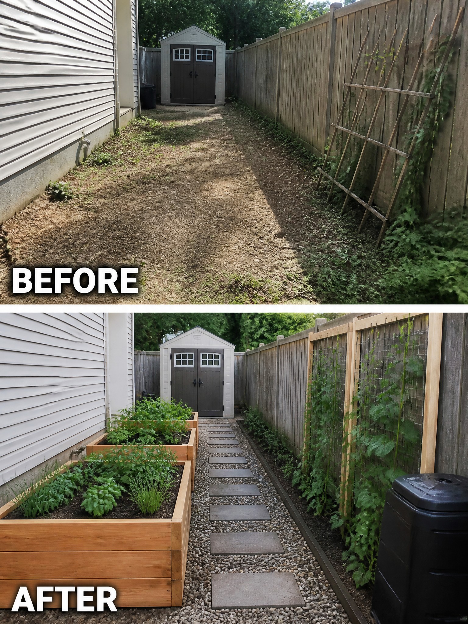 Before-and-after backyard makeover with raised beds, gravel path, and vine-covered trellises