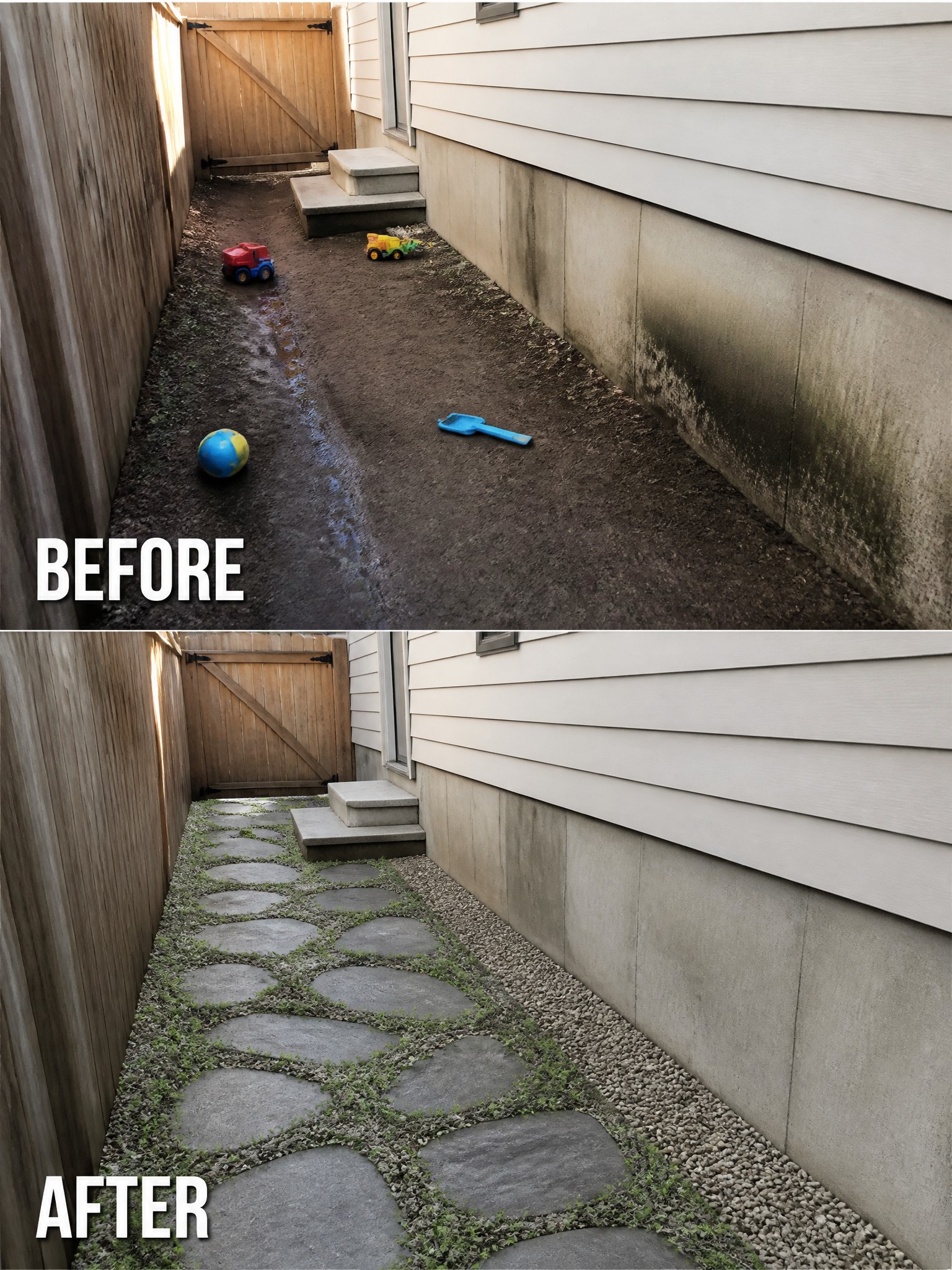 Before muddy yard with toys, after stone path with gravel and greenery.