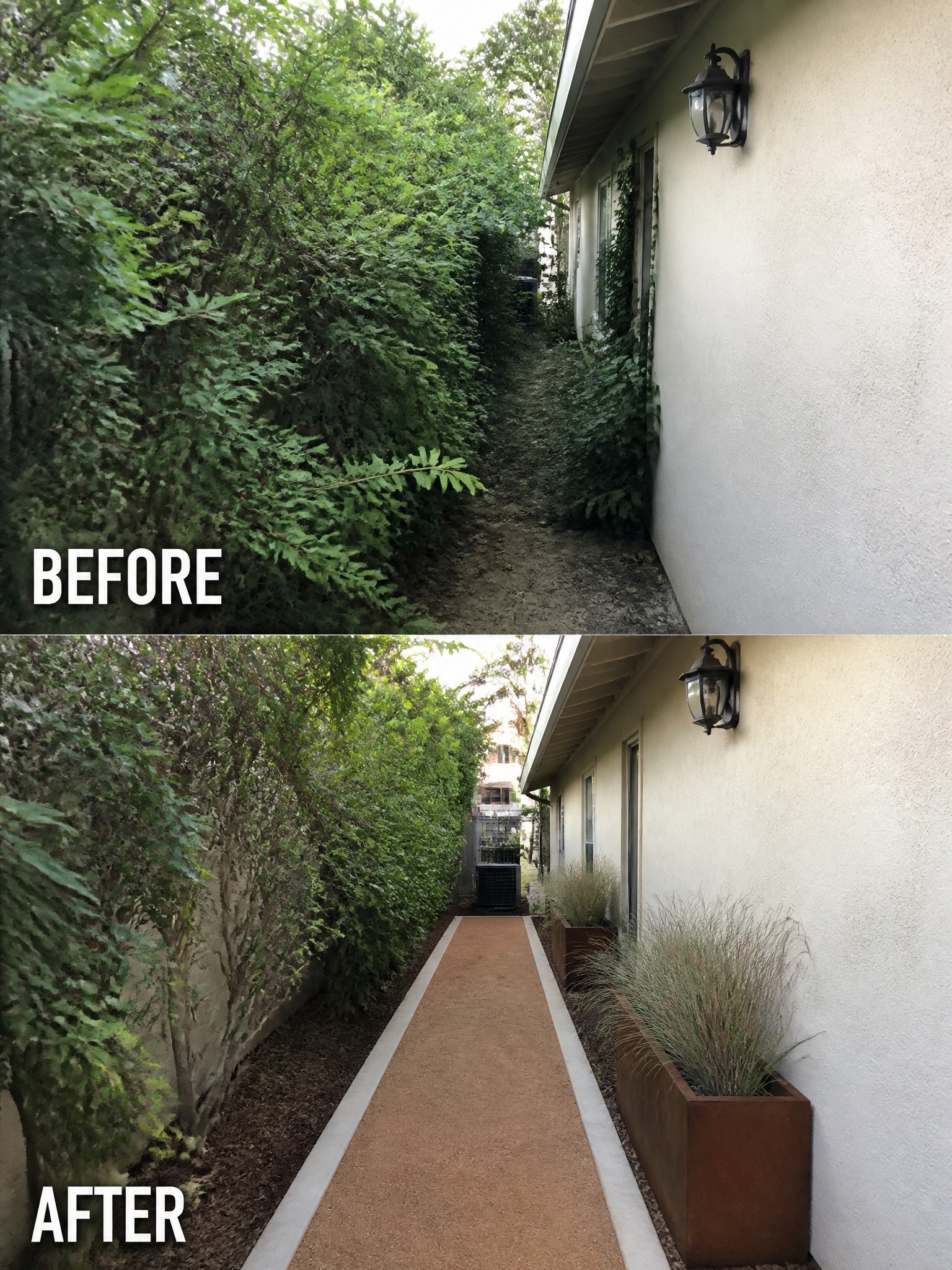 Before-and-after of overgrown path cleared into neat walkway with modern planters
