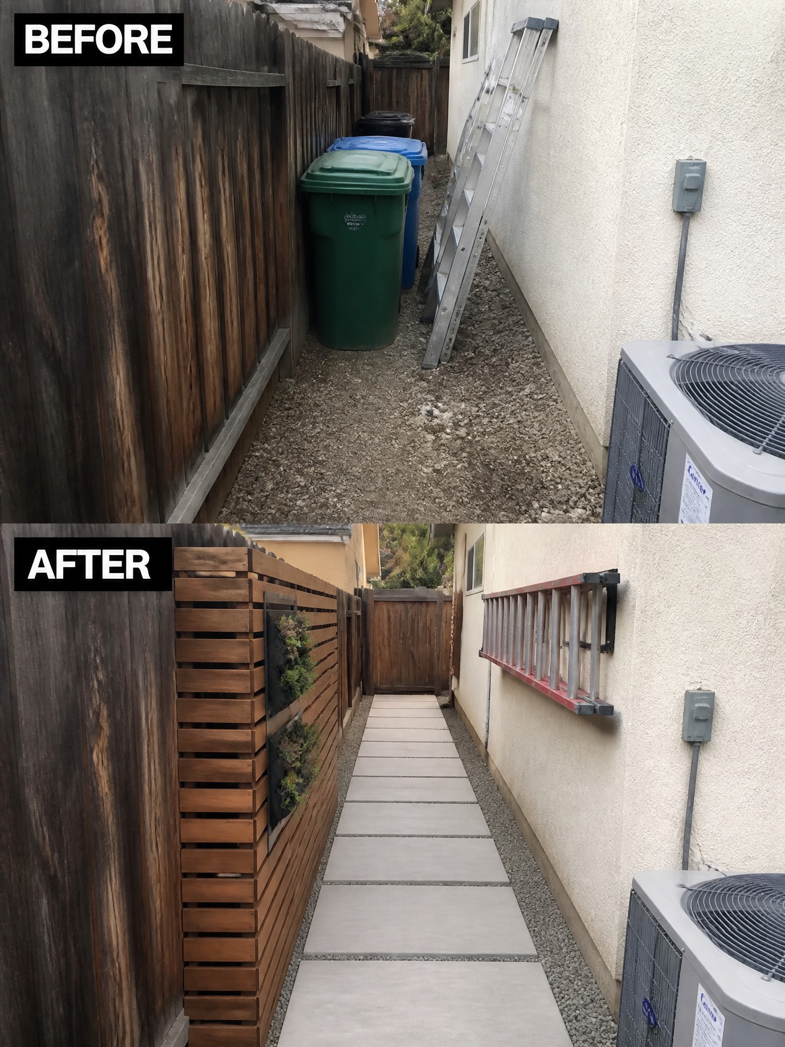 Before and after of gravel alley upgraded to concrete path with modern fence and mounted ladder.