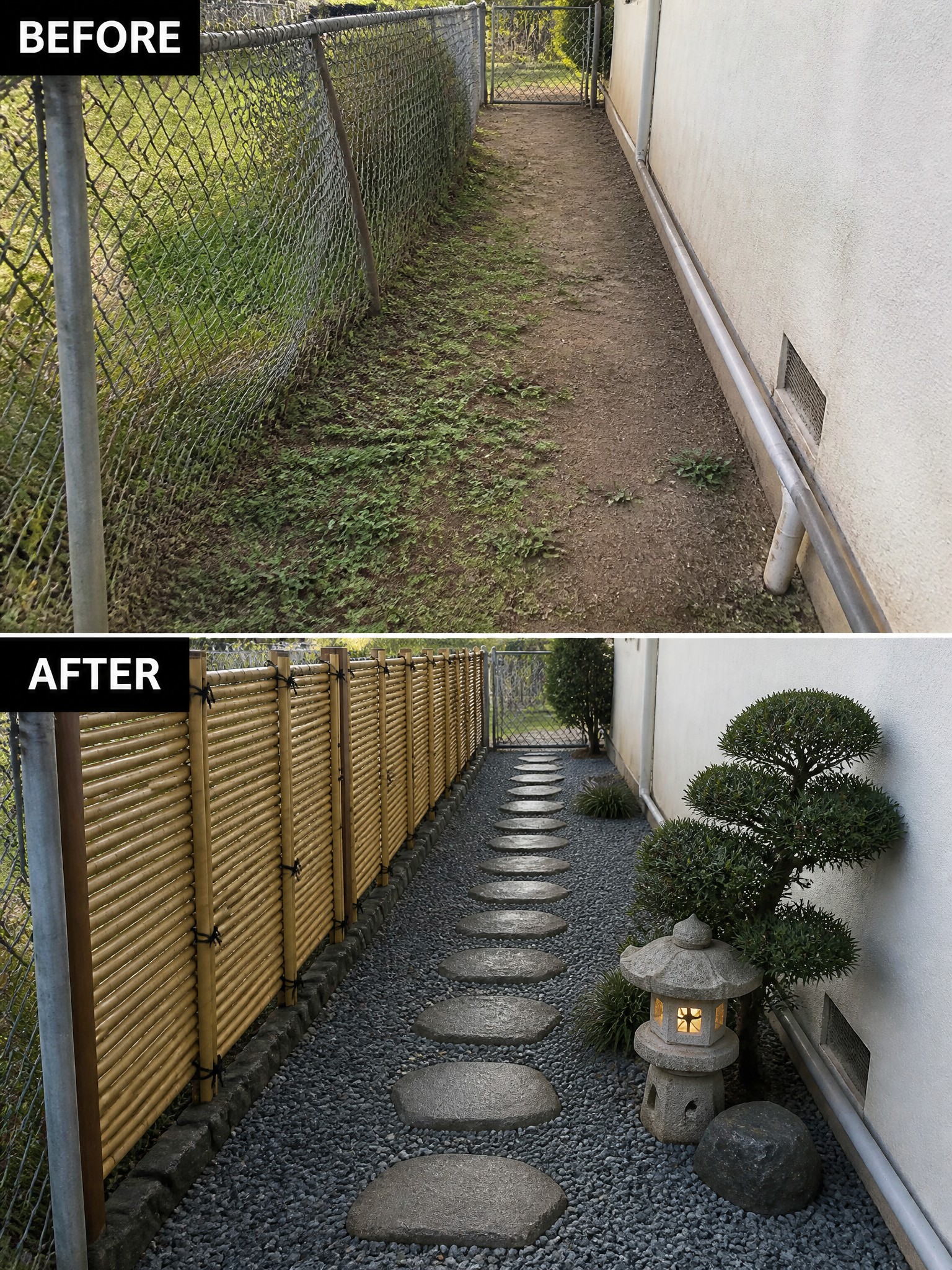 Before and after of dirt path upgraded to bamboo fence, gravel, and stepping stones