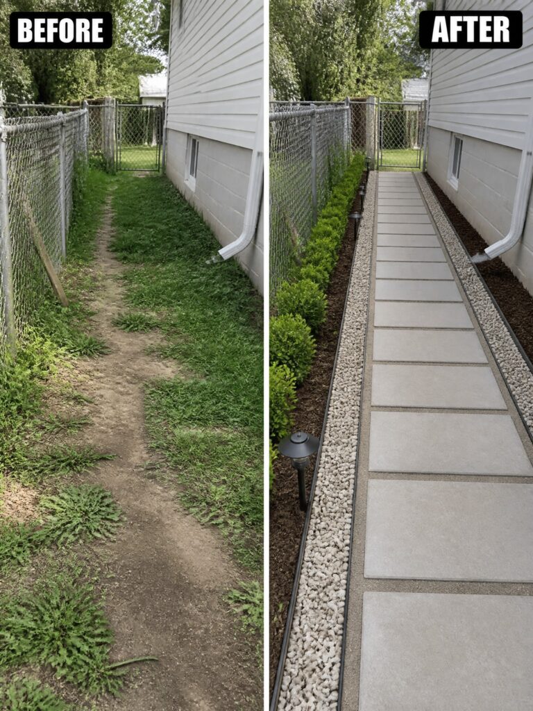 Before-and-after image of an overgrown side yard path changed into a clean walkway with concrete pavers, gravel borders, and planted shrubs.