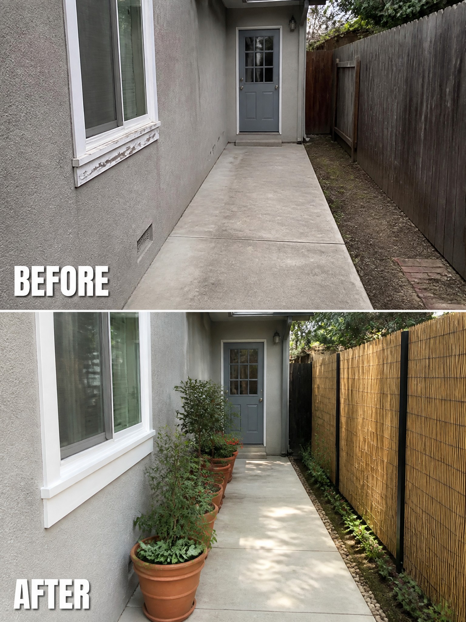 Before and after of concrete walkway with added potted plants and bamboo fence.