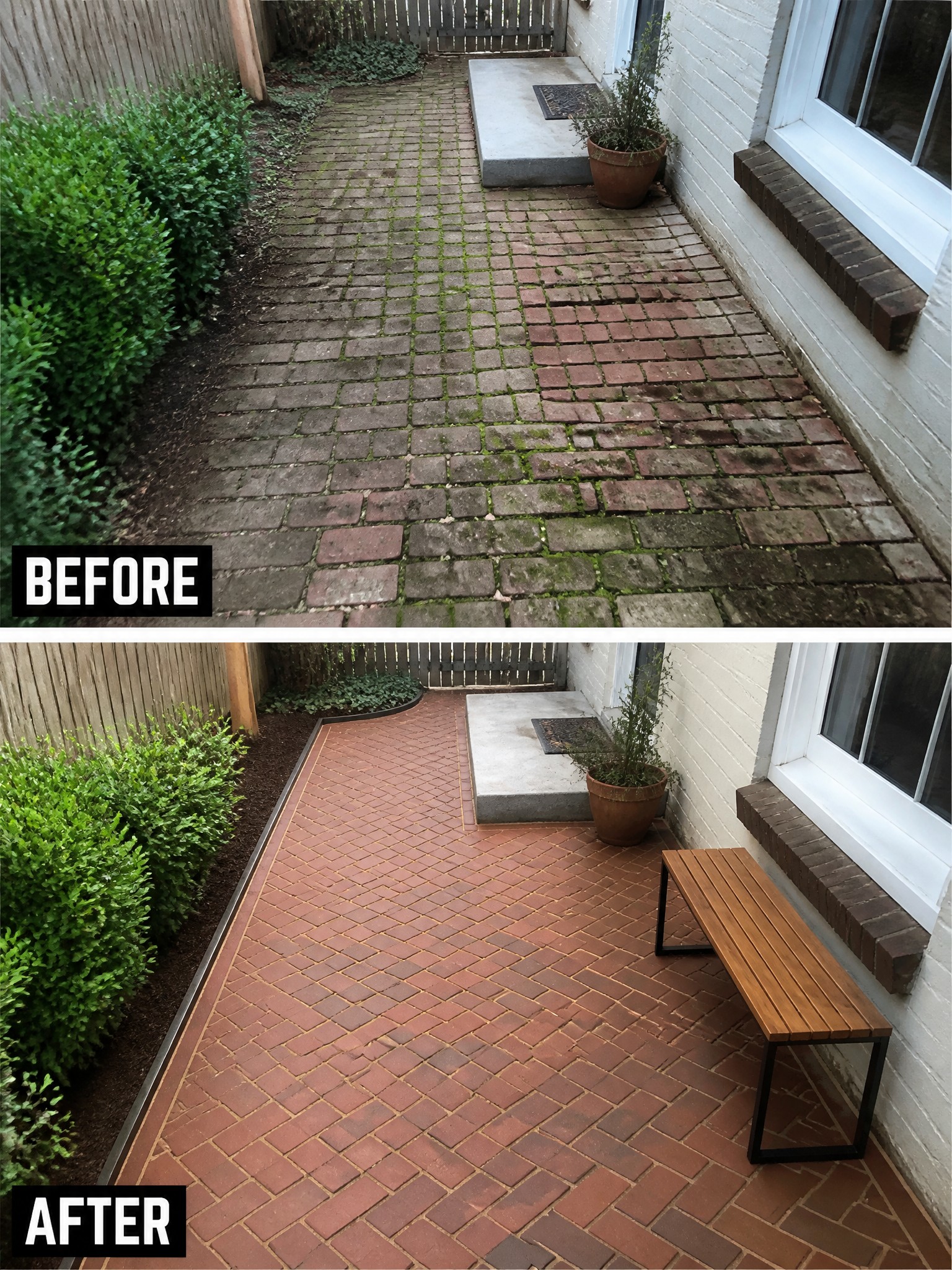 Before-and-after image of a mossy, uneven brick side path updated with a fresh red brick surface, metal edging, and mulched borders.
