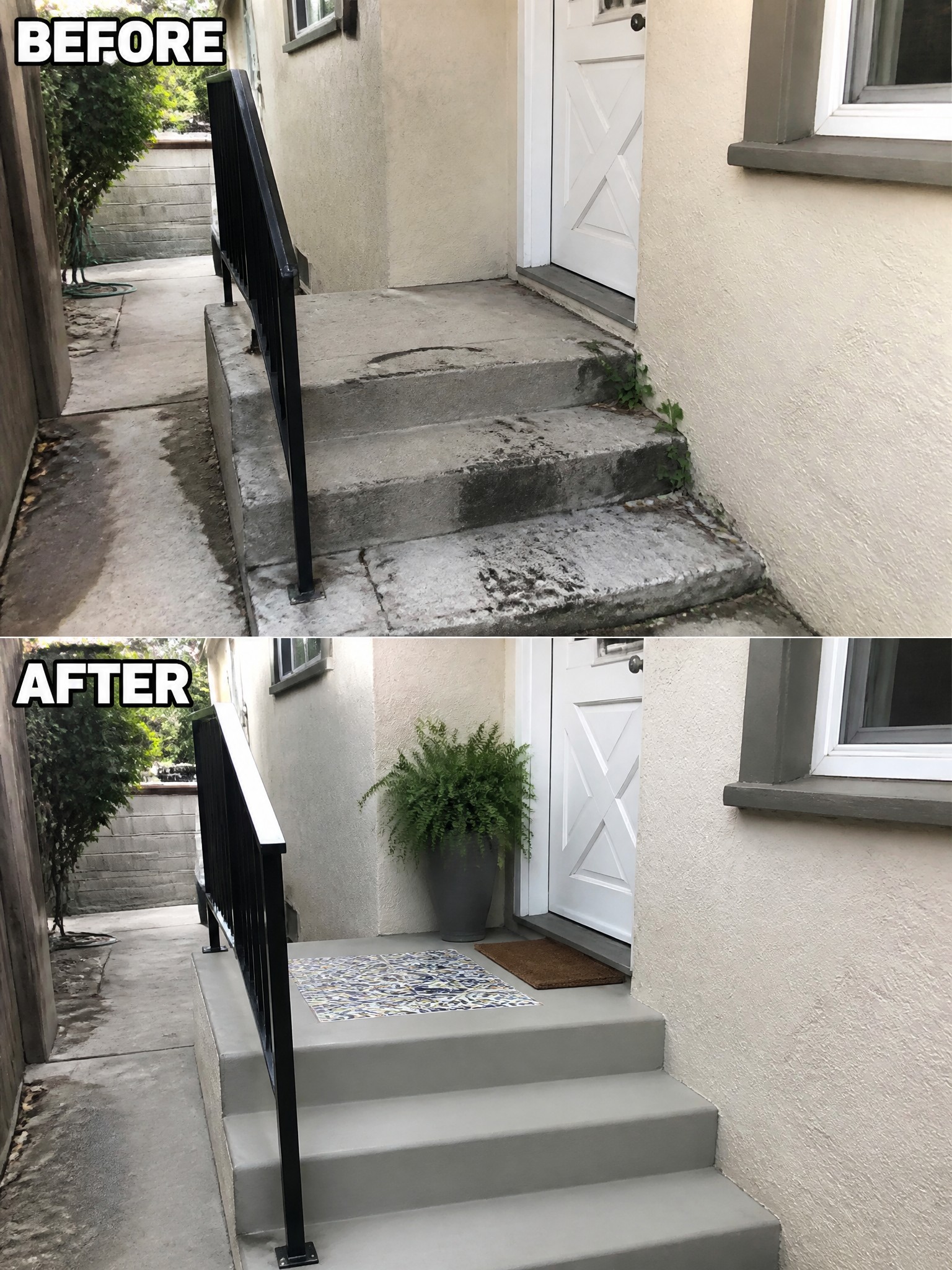 Before-and-after stairs repainted gray with potted fern, mats, and black railing