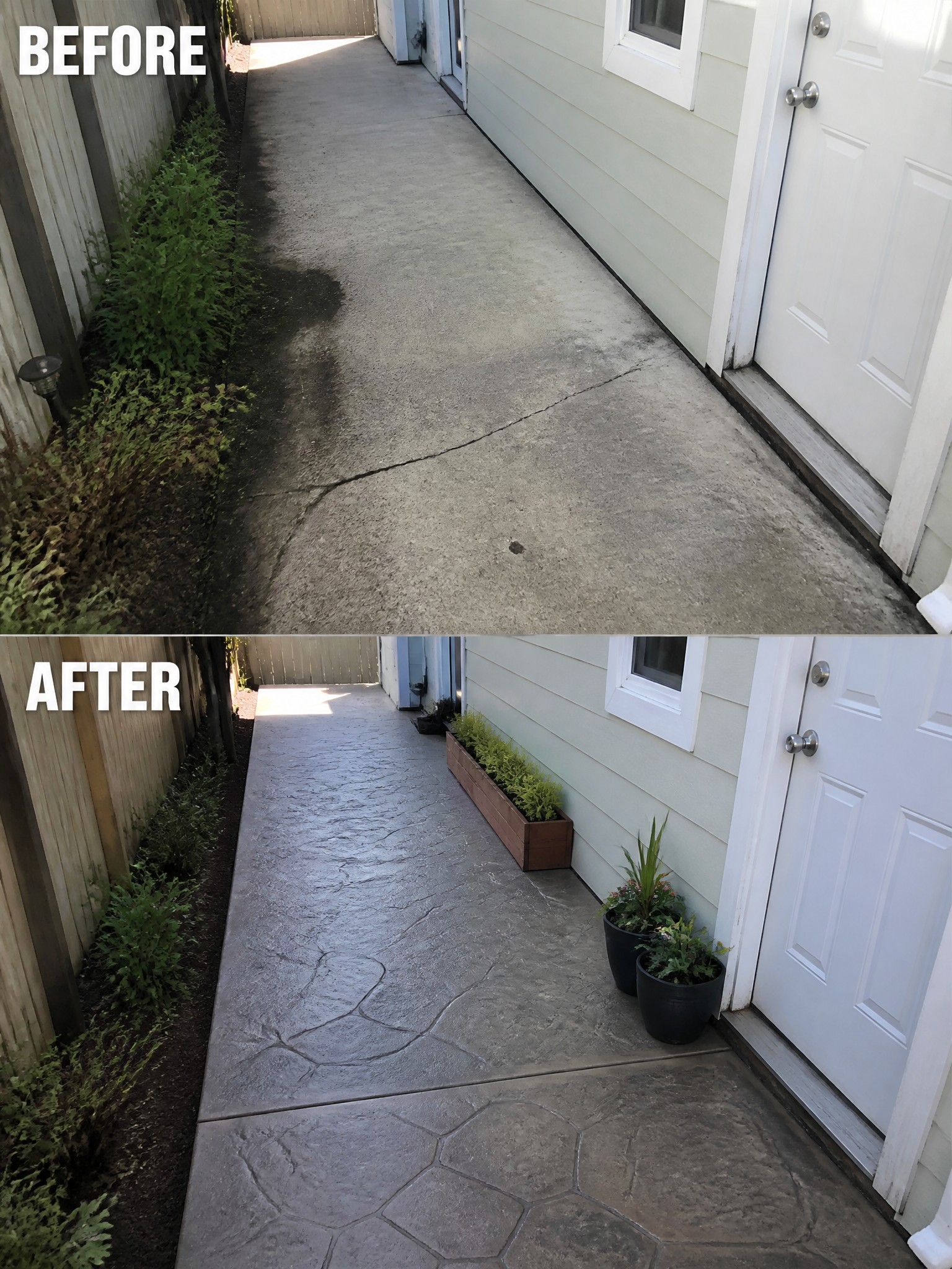 Before and after of cracked concrete walkway transformed to stamped stone with planters.