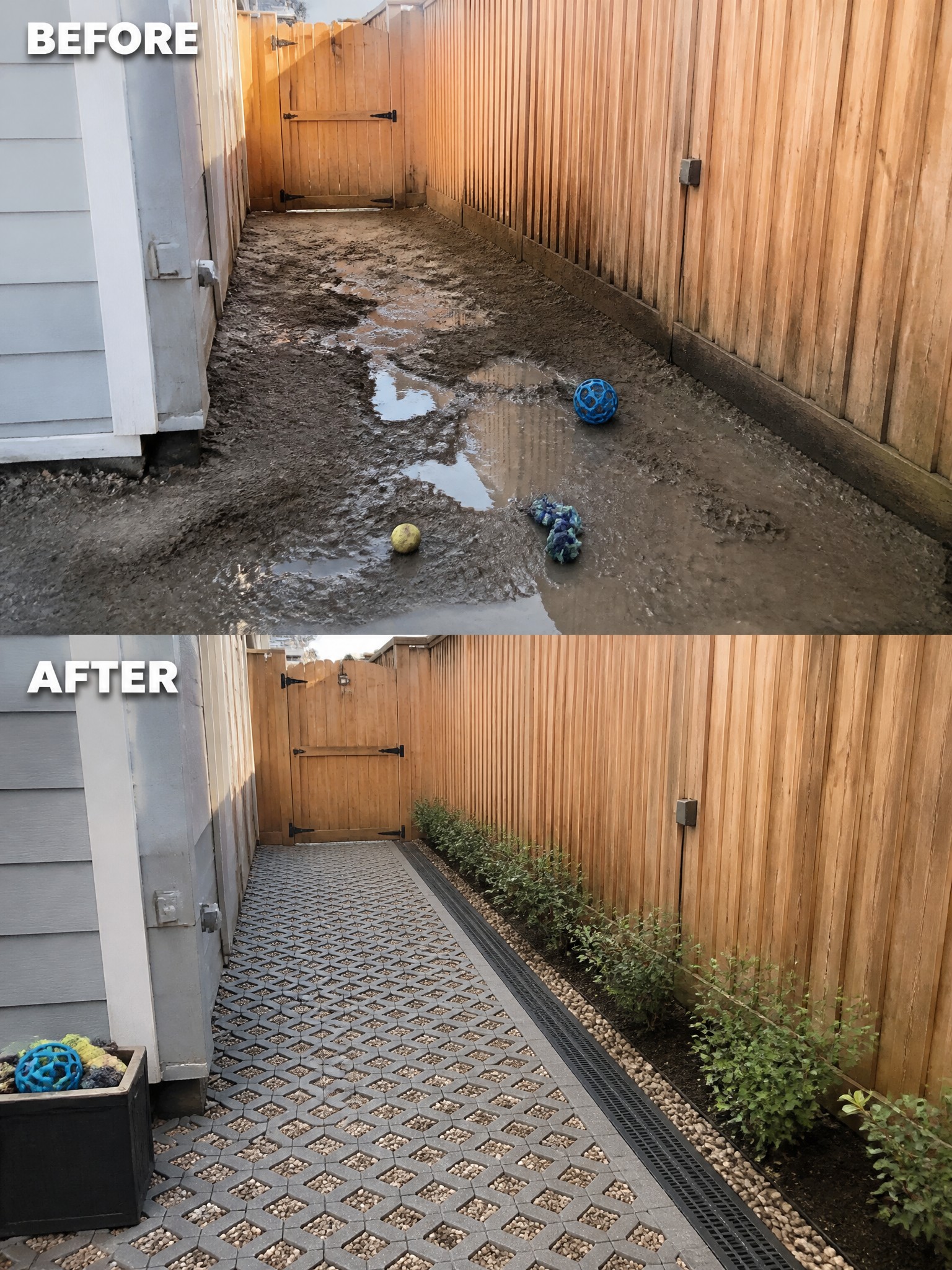 Before-and-after image of a muddy side yard path with standing water changed into a clean walkway using pavers, gravel, a drainage channel, and planted borders.