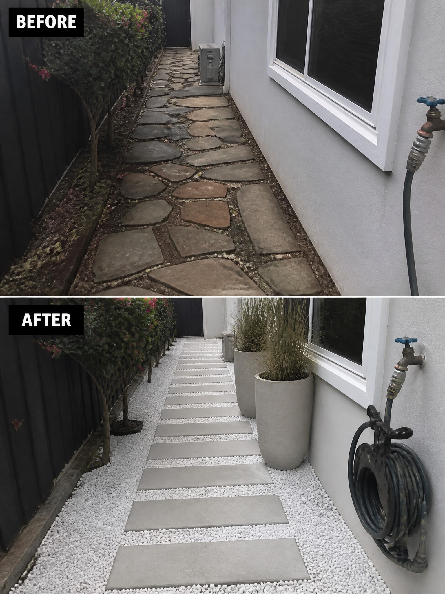 Before-and-after photos of flagstone path upgraded to concrete pavers with white gravel.