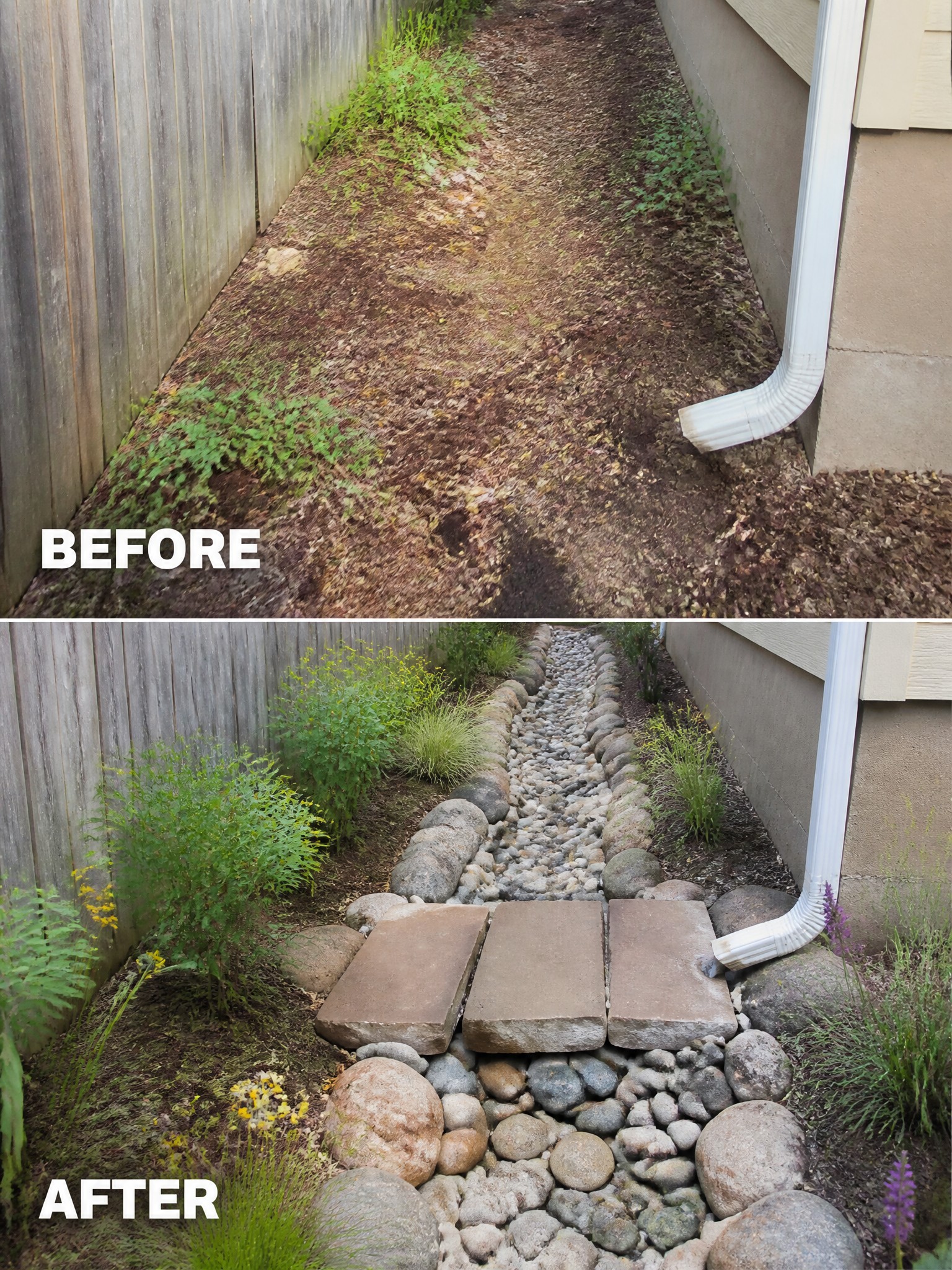 Before muddy path and after landscaped rock garden with stepping stones.