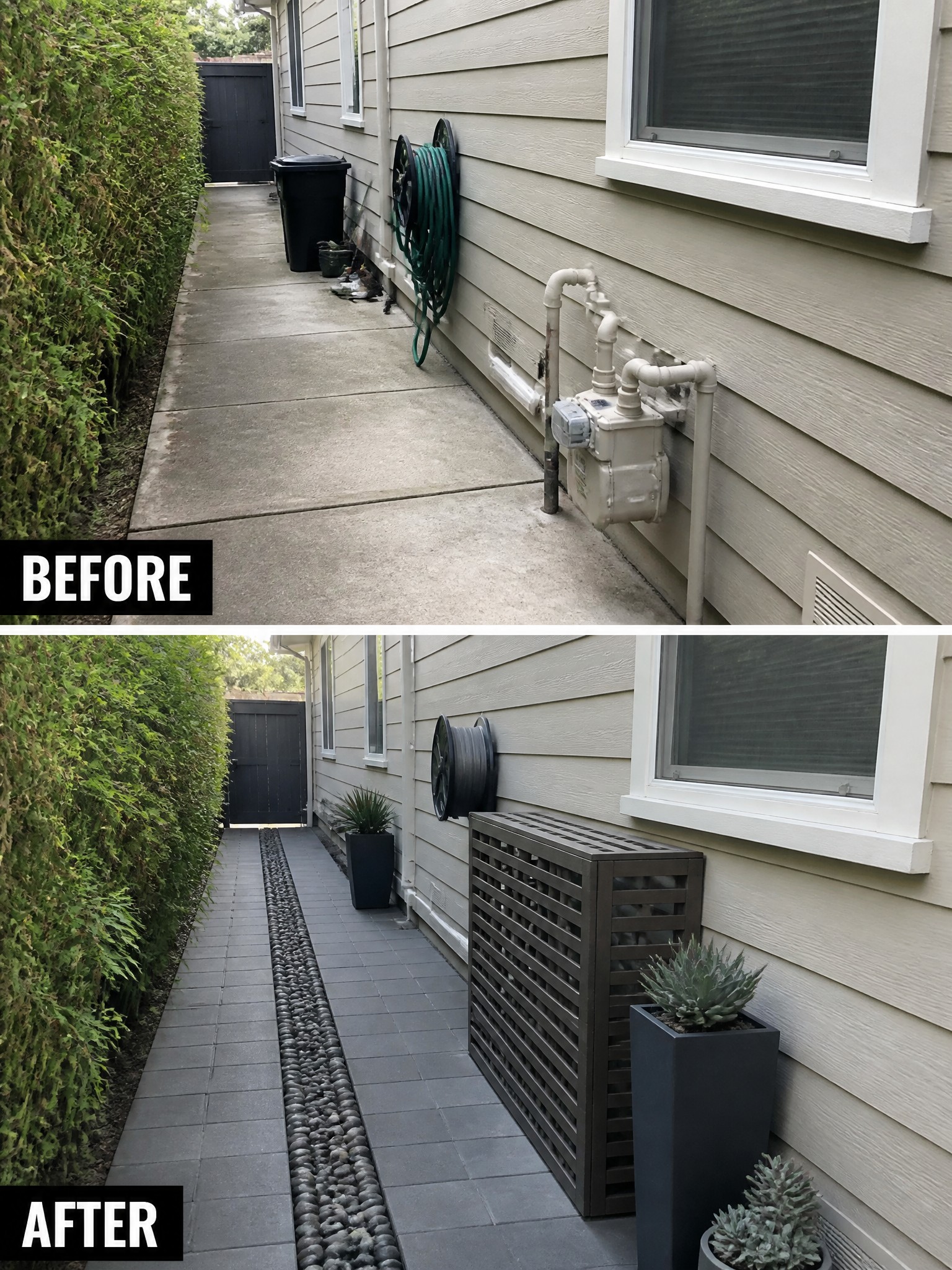 Before and after of a house side yard with new paving and meter screen.