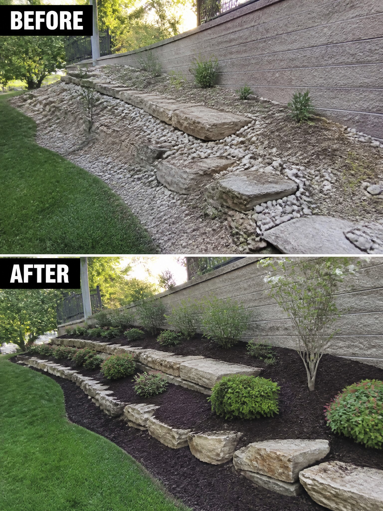 Before-and-after of tiered stone wall, gravel replaced by mulch and shrubs