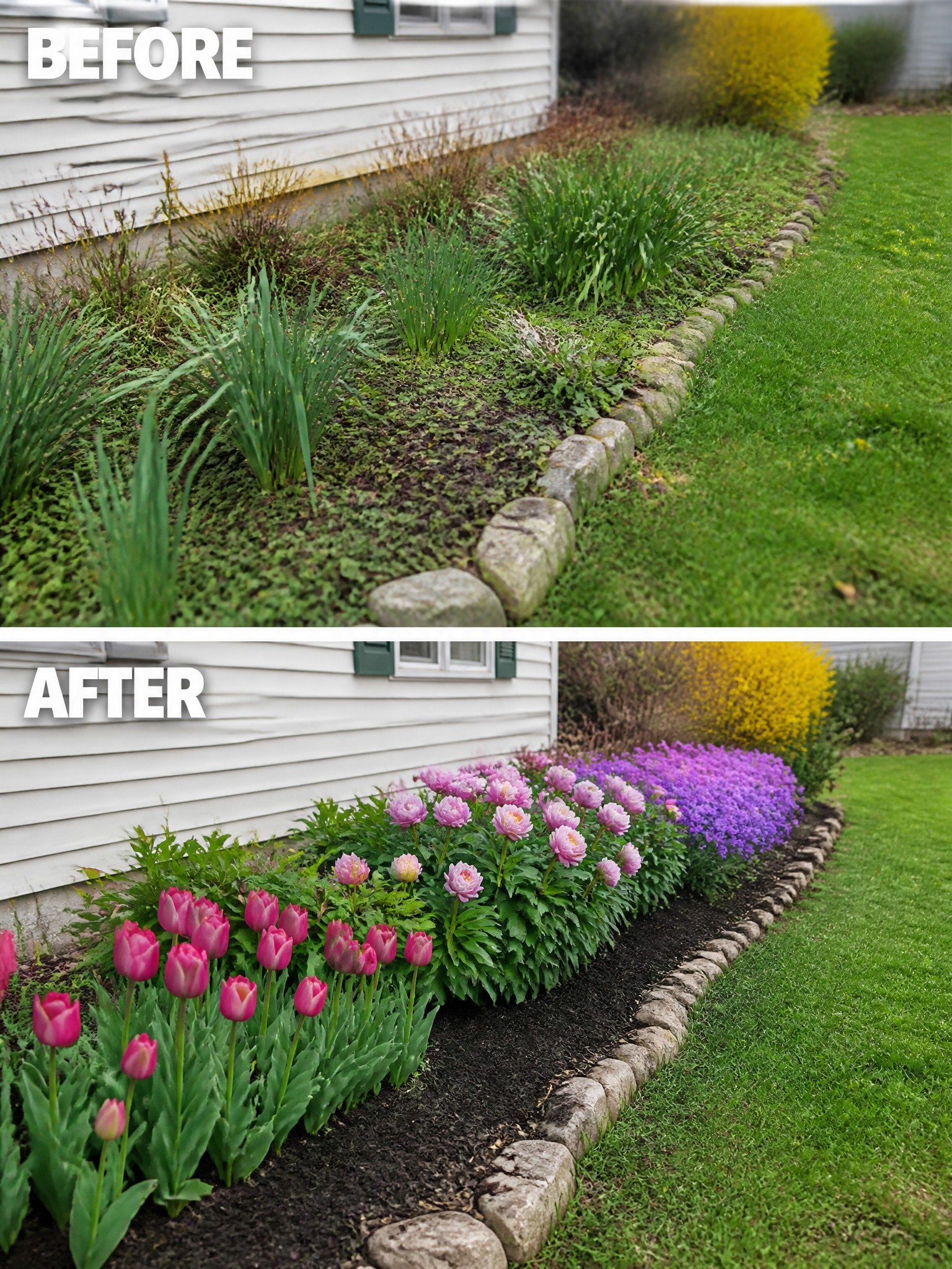 Before-and-after image of an overgrown flower bed next to a house changed into neat mulched beds with pink tulips, peonies, purple flowers, and stone edging.