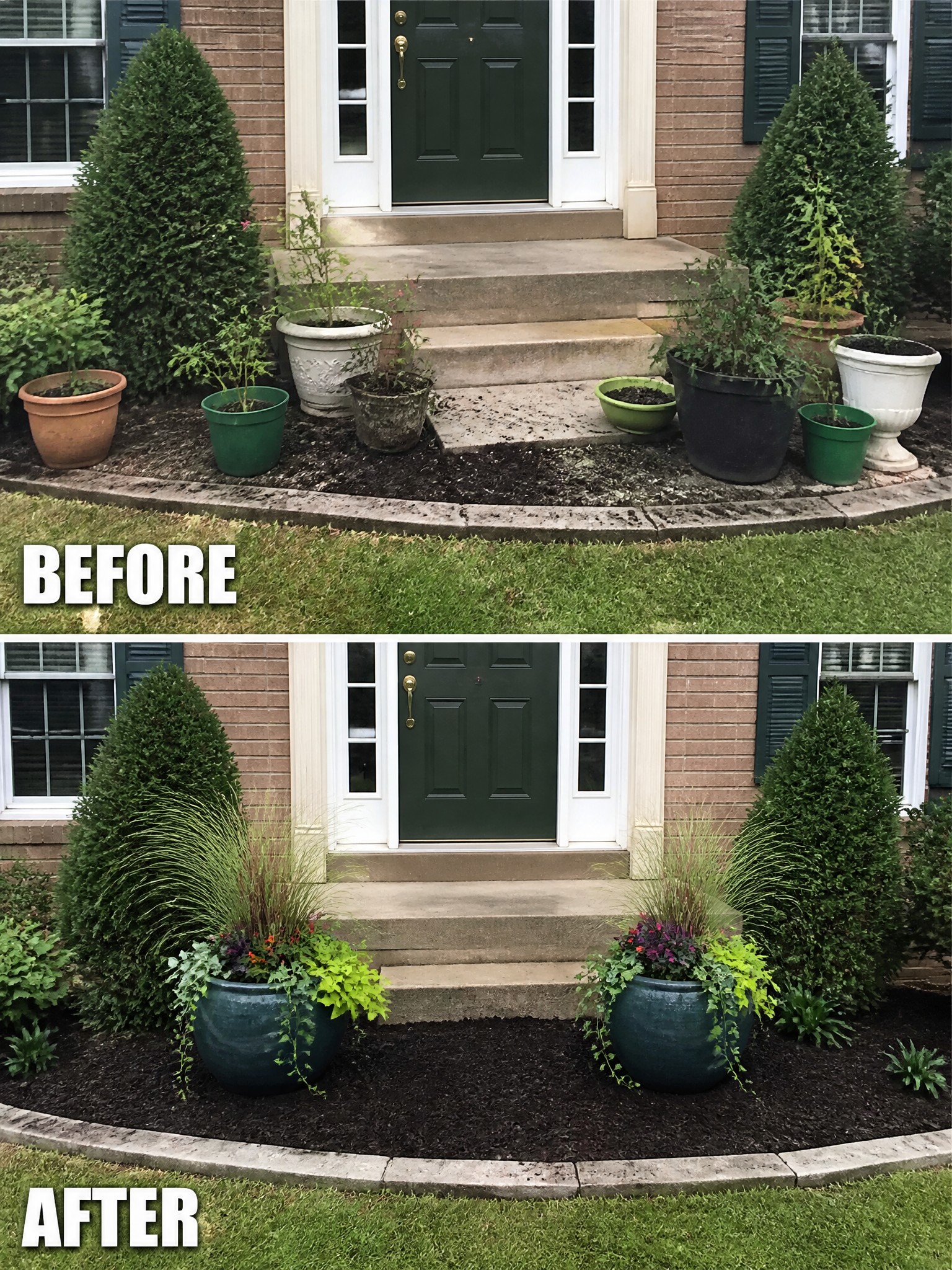 Before messy pots and after neat teal planters flank green door at brick entrance.
