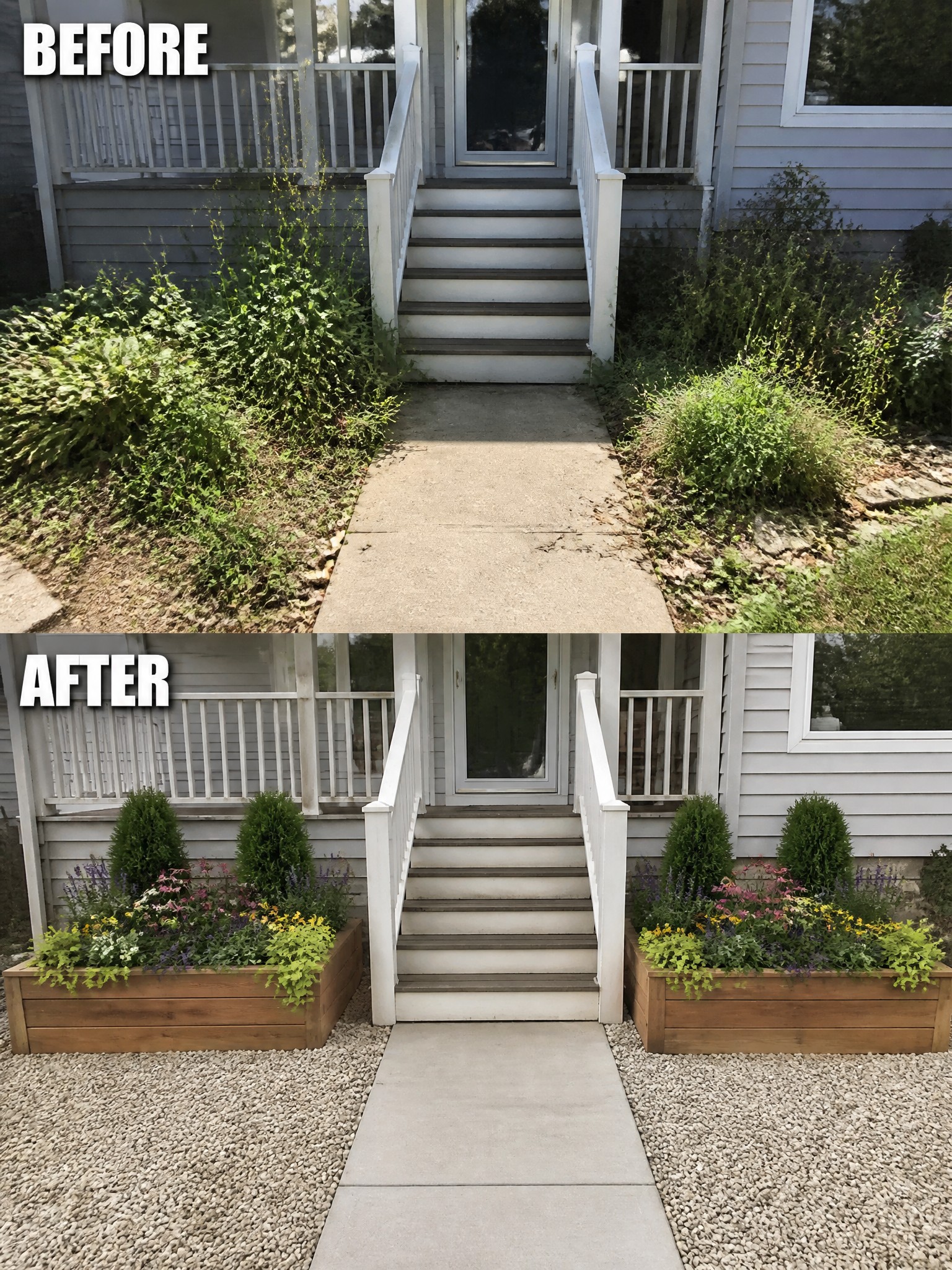 Before-and-after entrance stairs: overgrown bushes replaced by wooden flower planters and gravel