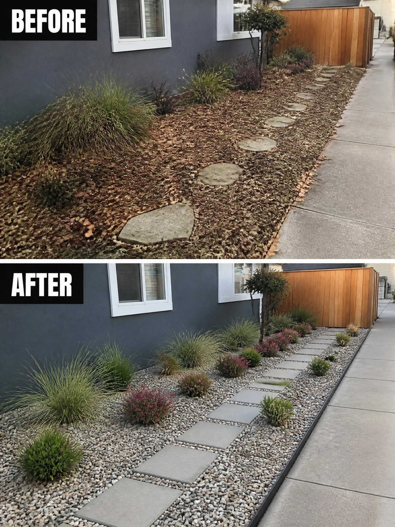 Before-and-after image of an overgrown side yard changed into a clean gravel bed with rectangular pavers and low shrubs.