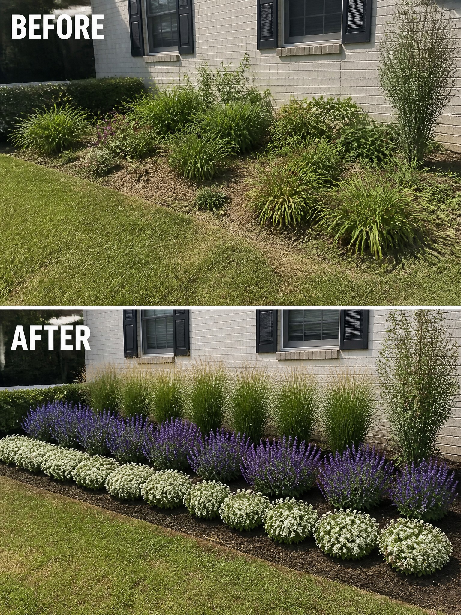 Before and after of overgrown garden bed transformed into neat rows of purple and white flowers