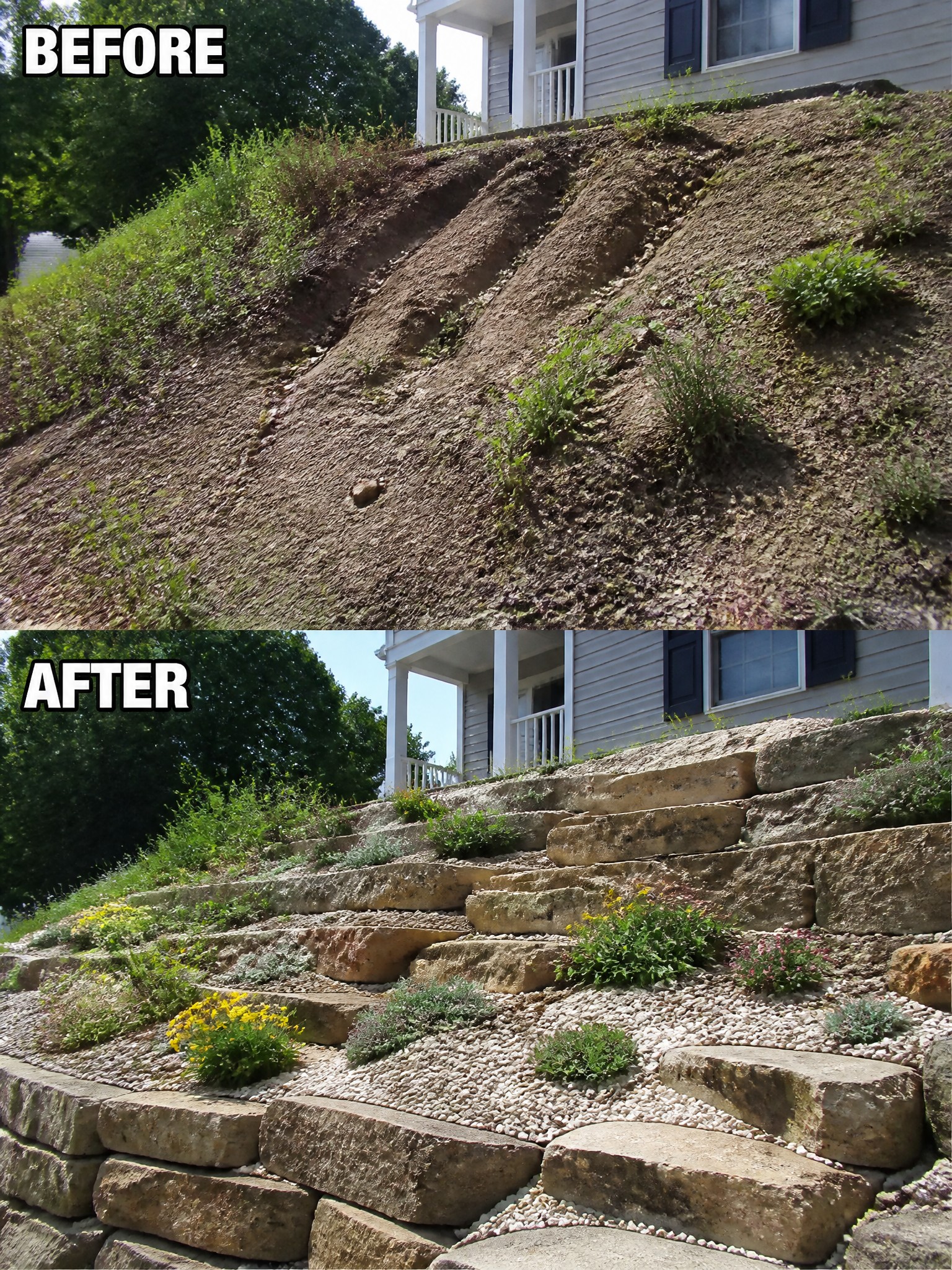 Before-and-after image of an eroded hillside changed into terraced stone retaining walls with planted beds and gravel areas.