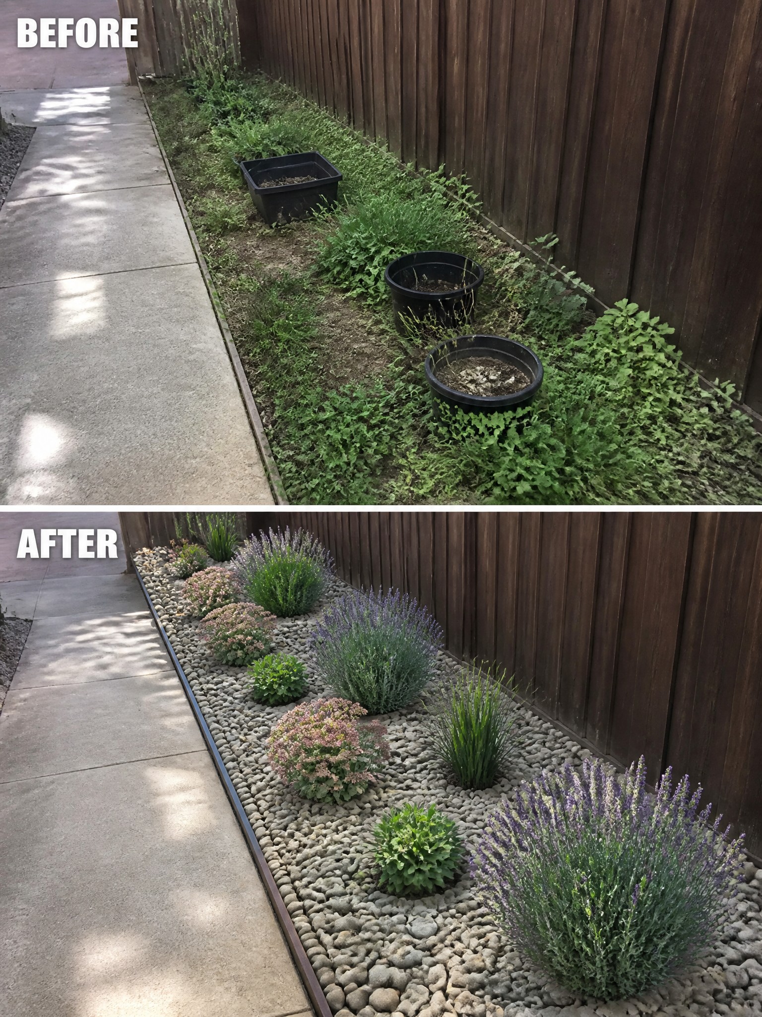 Before weedy strip and after gravel garden with lavender shrubs and flowers.