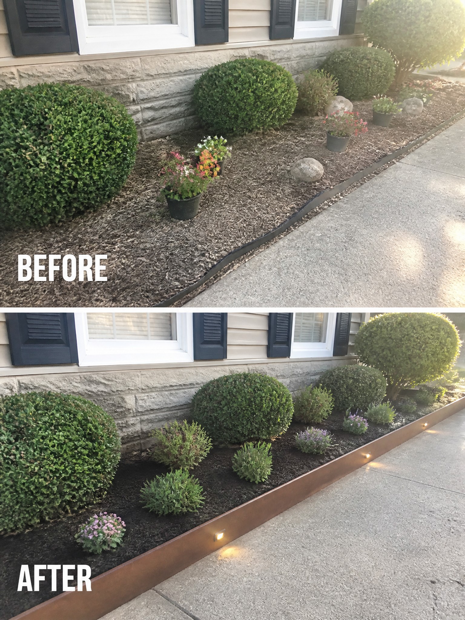 Before and after of front garden bed with new plants, edging, and lights.