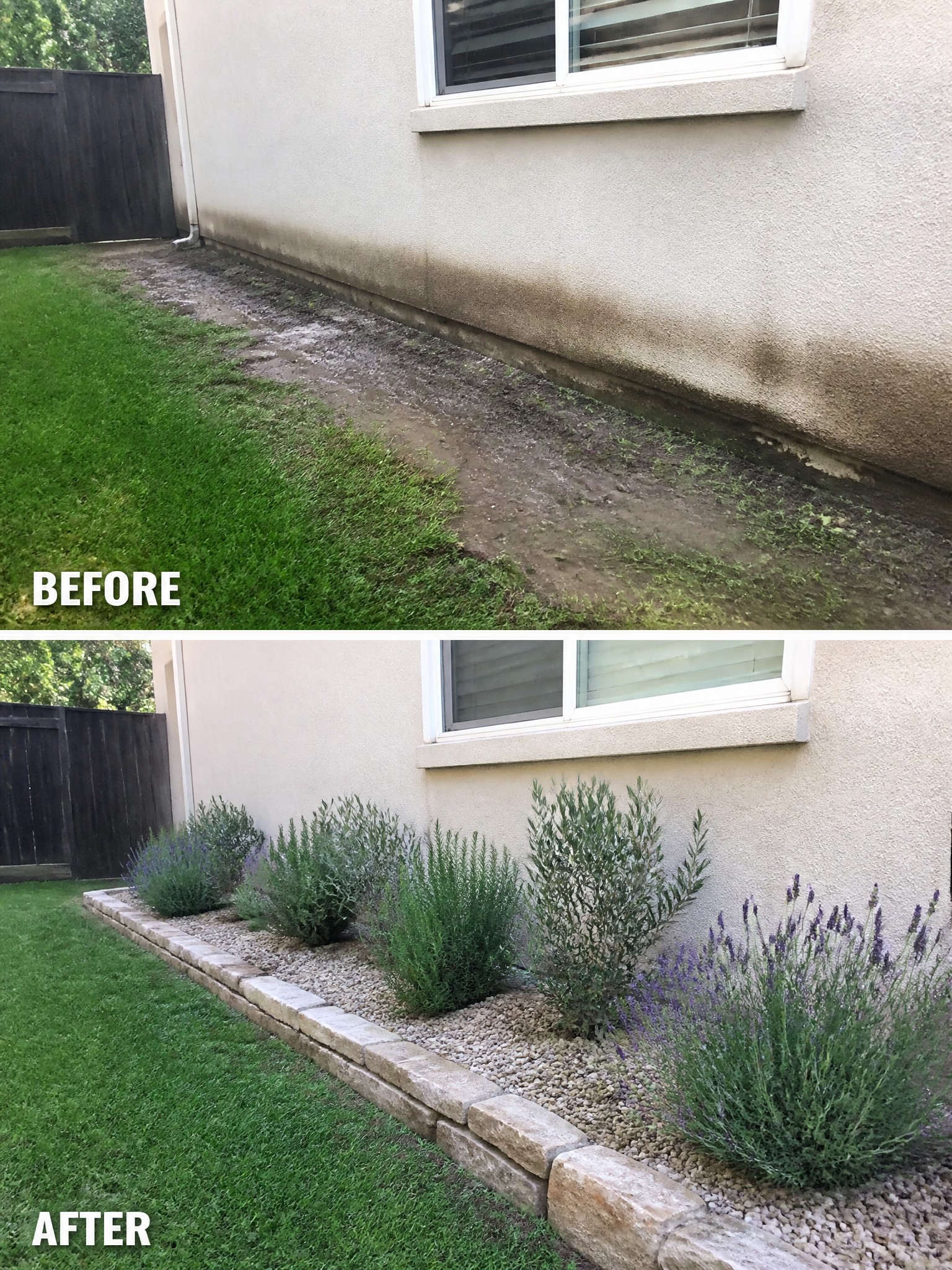 Before and after of house wall with new stone border, gravel, and plants